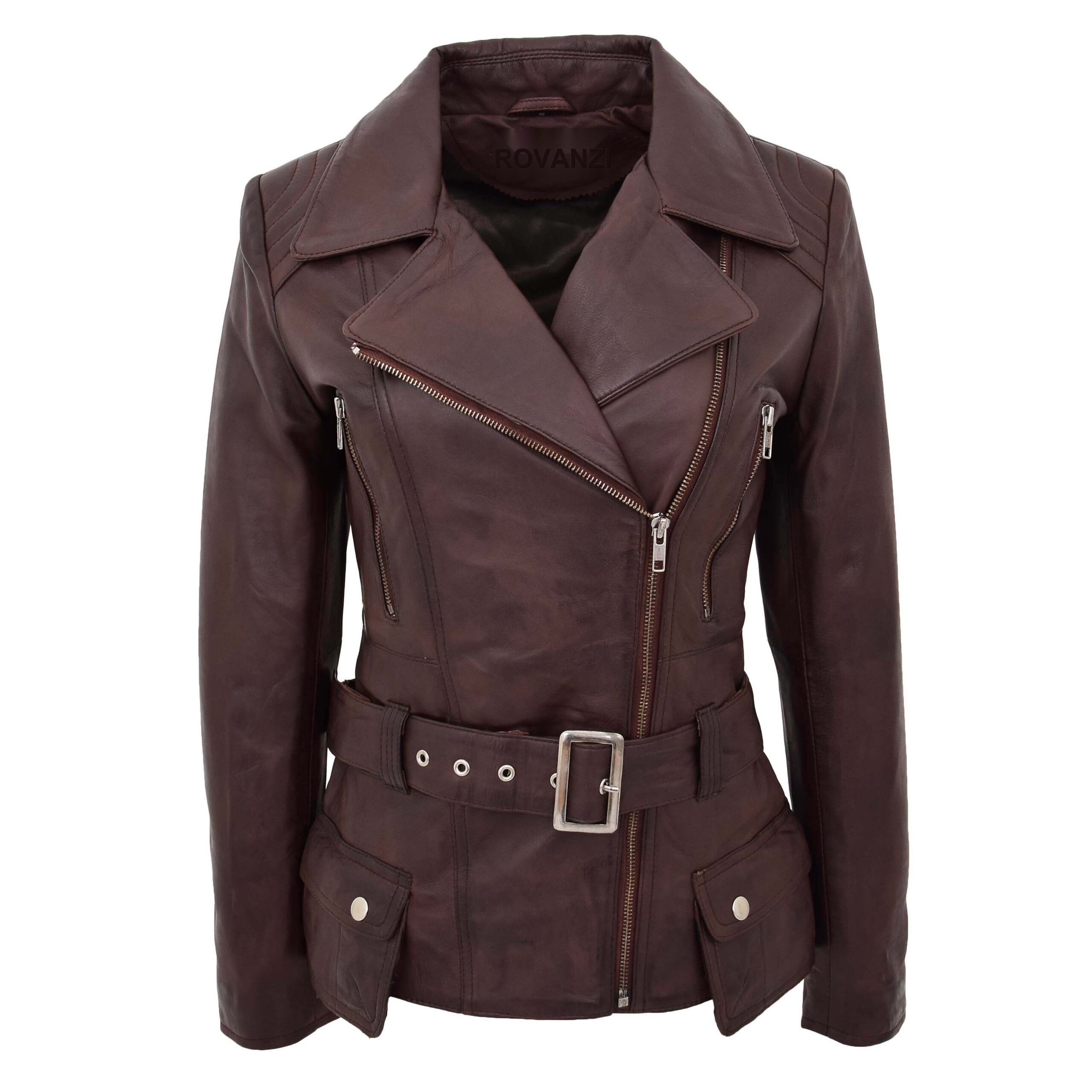 BUNERI Brown Leather Hip Length Biker Jacket