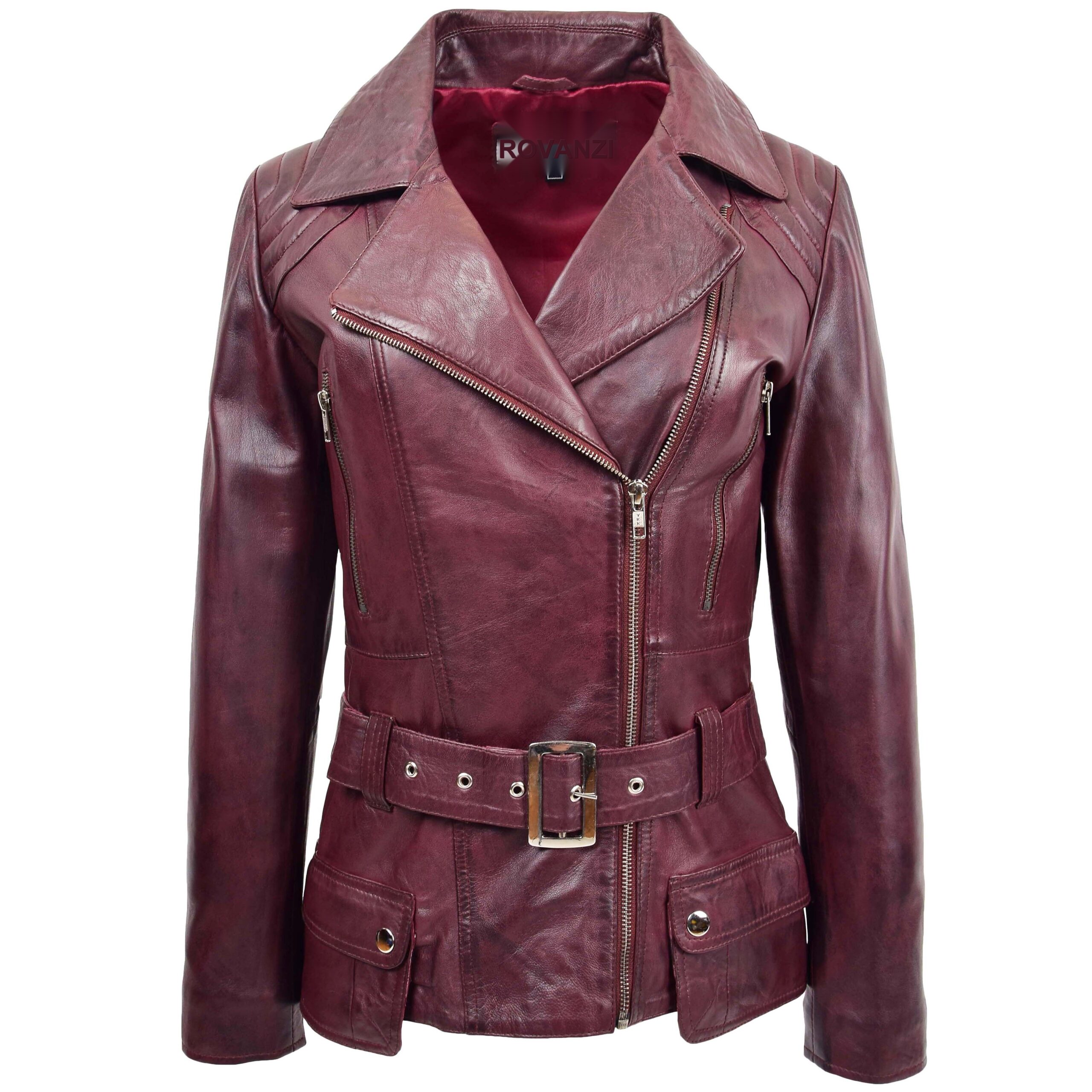 BUNERI Women's Leather Hip Length Biker Jacket Burgundy