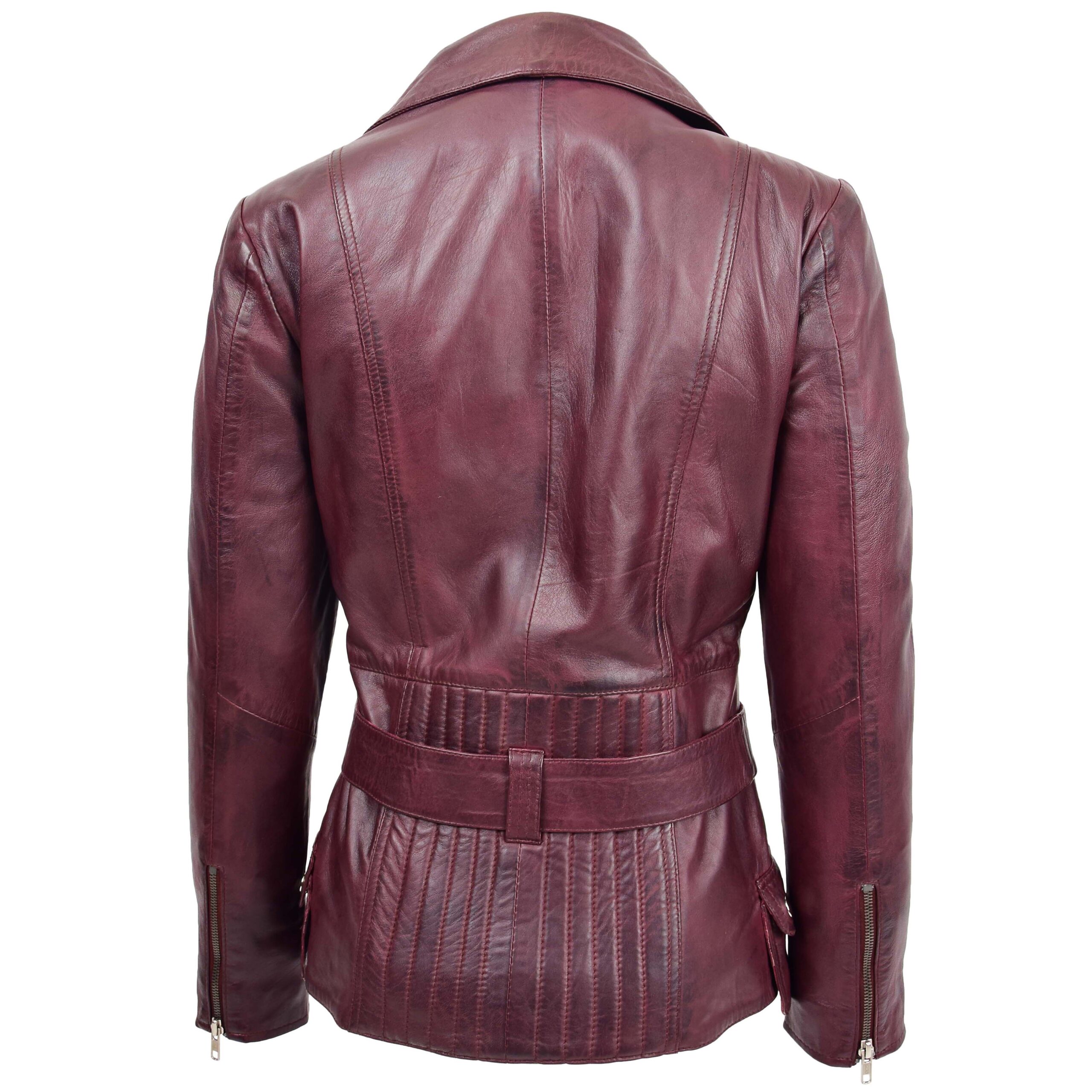 BUNERI Women's Leather Hip Length Biker Jacket Burgundy – 2