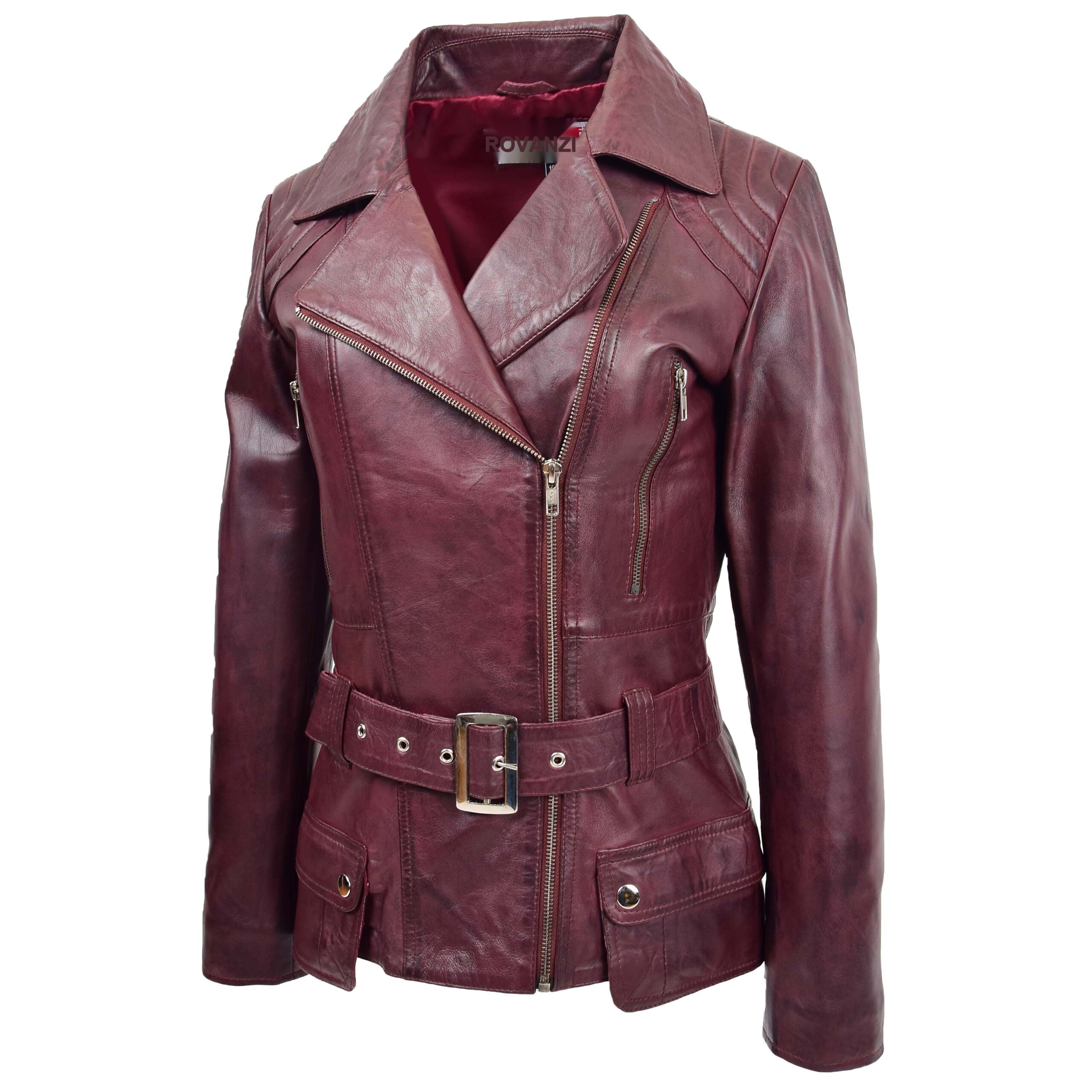 BUNERI Women's Leather Hip Length Biker Jacket Burgundy – 3