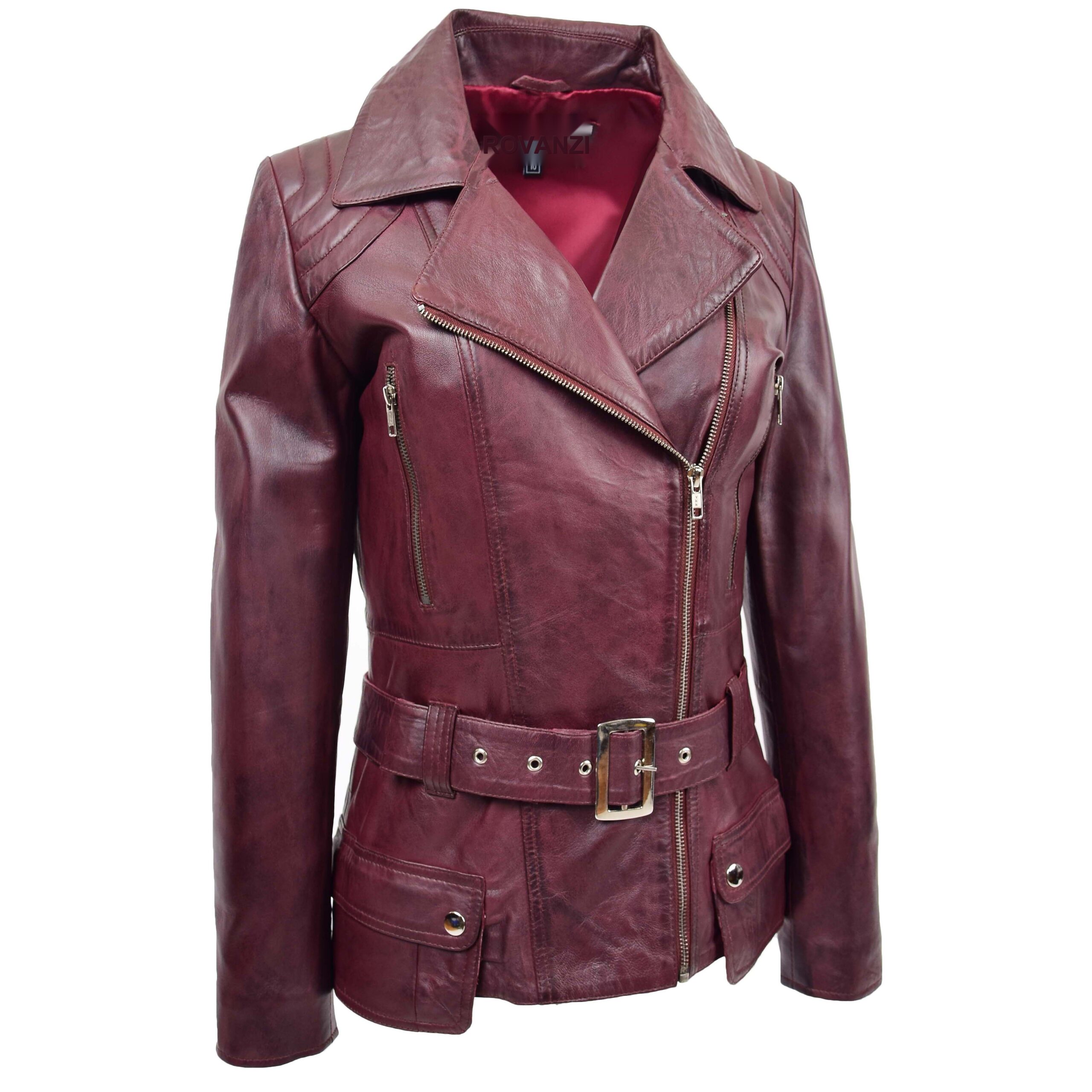 BUNERI Women's Leather Hip Length Biker Jacket Burgundy – 4