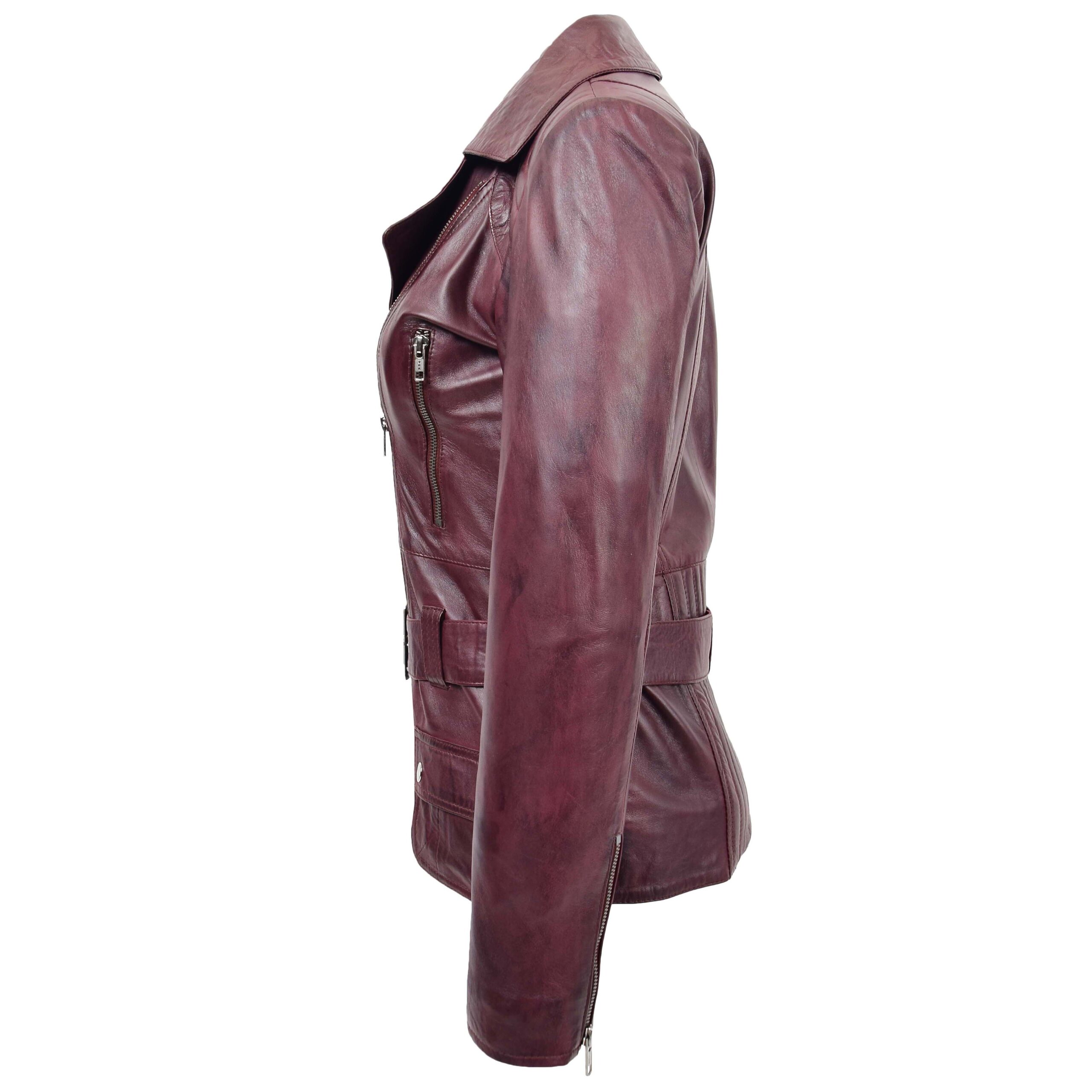 BUNERI Women's Leather Hip Length Biker Jacket Burgundy – 5