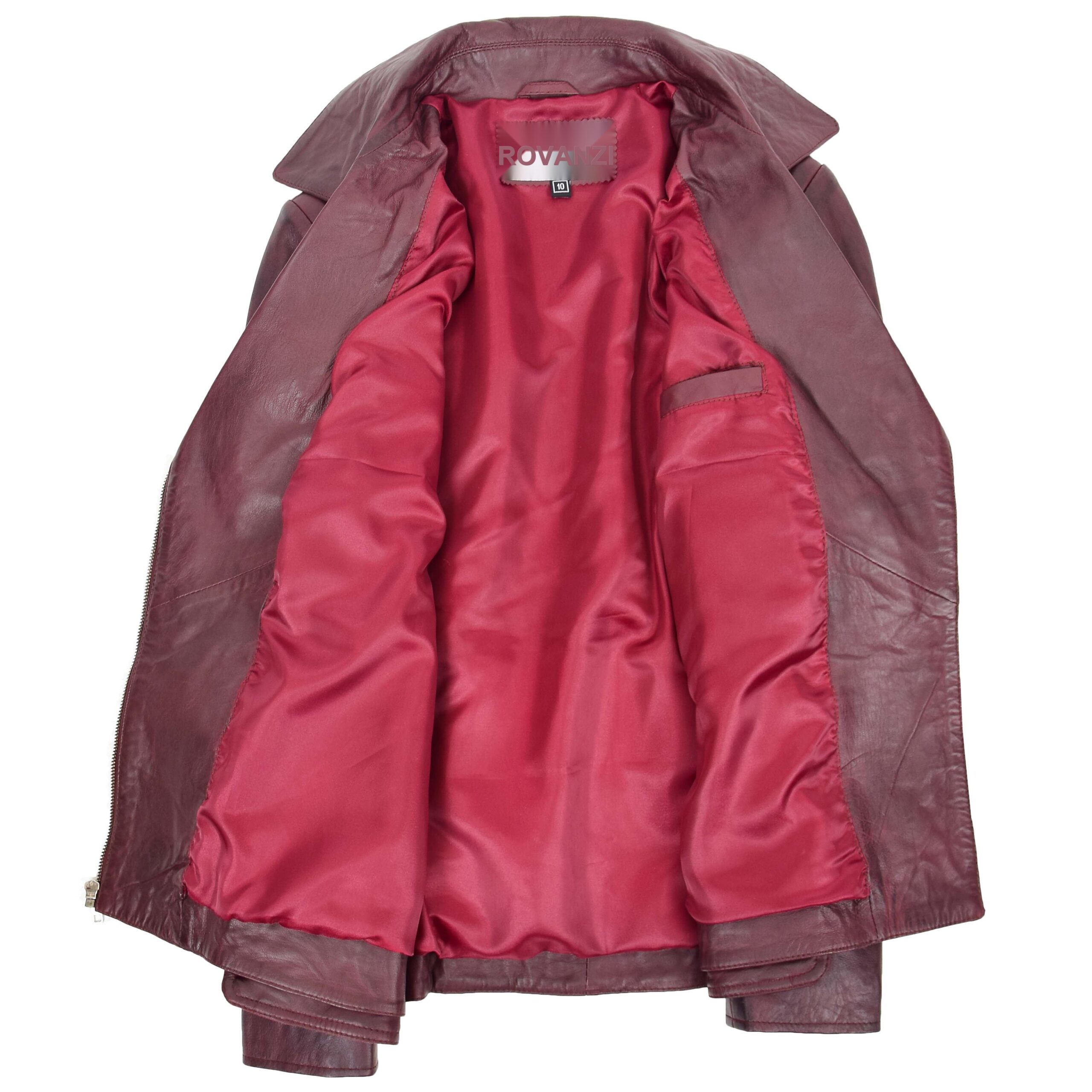 BUNERI Women's Leather Hip Length Biker Jacket Burgundy – 6