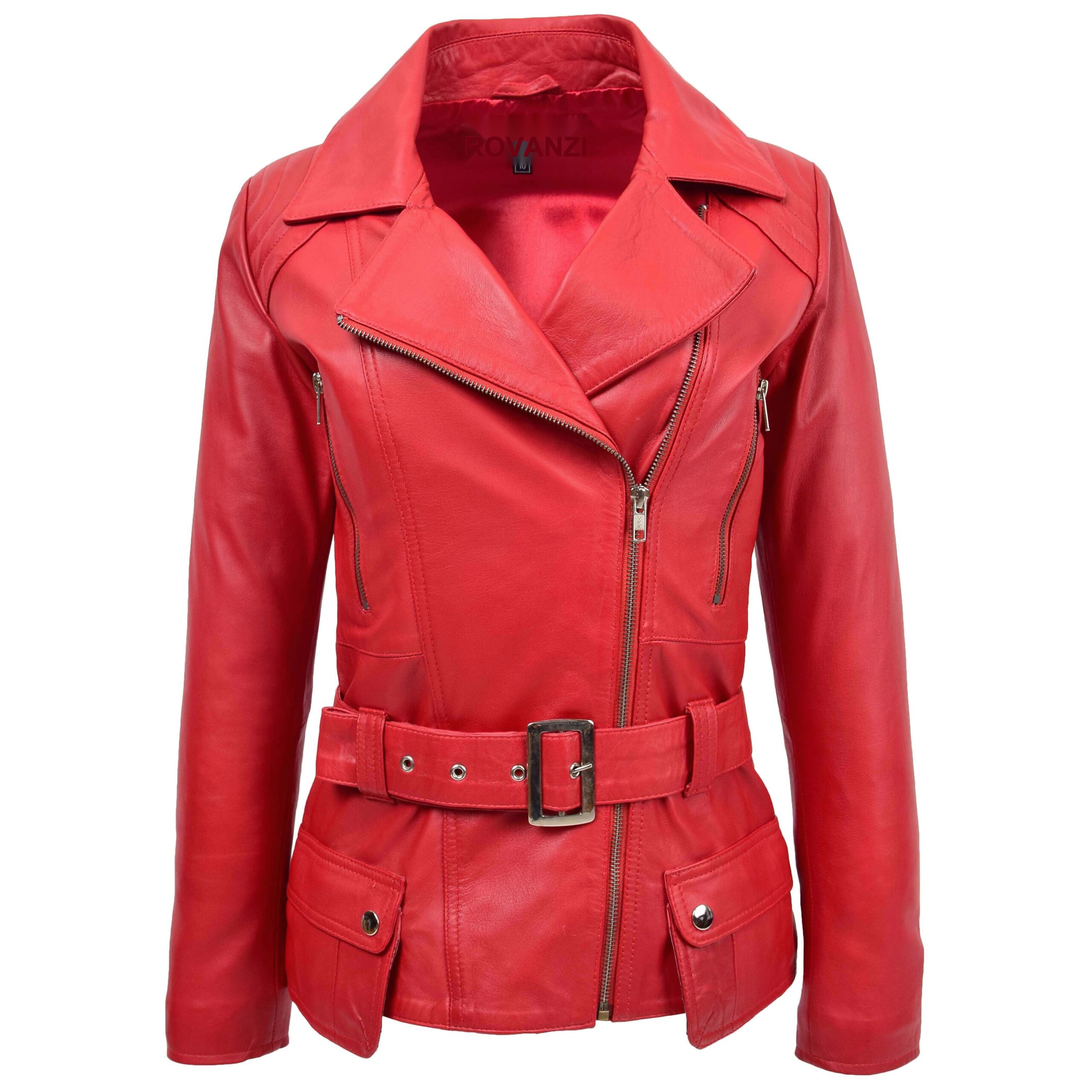 BUNERI Women's Leather Hip Length Biker Jacket Red
