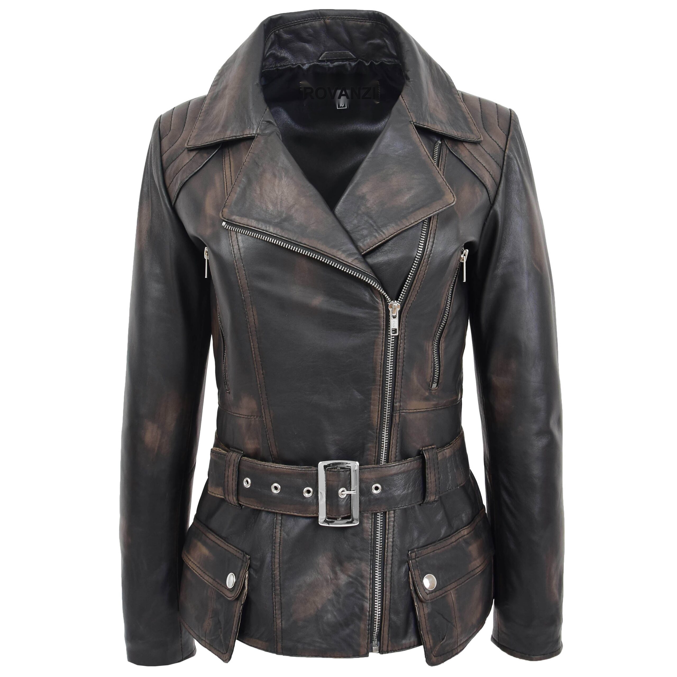 BUNERI Rub-Off Leather Hip-Length Biker Jacket