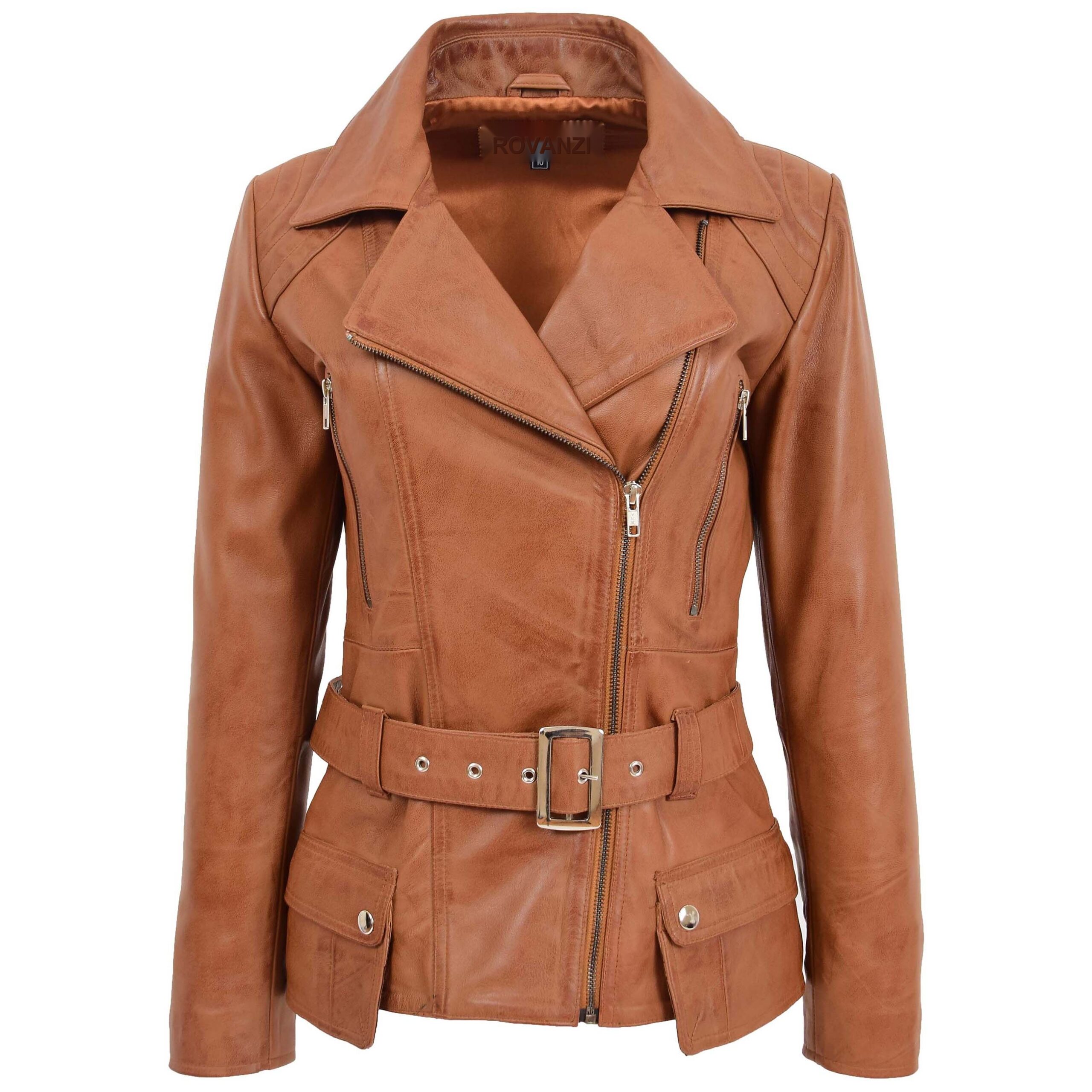 BUNERI Women's Leather Hip-Length Biker Jacket Tan