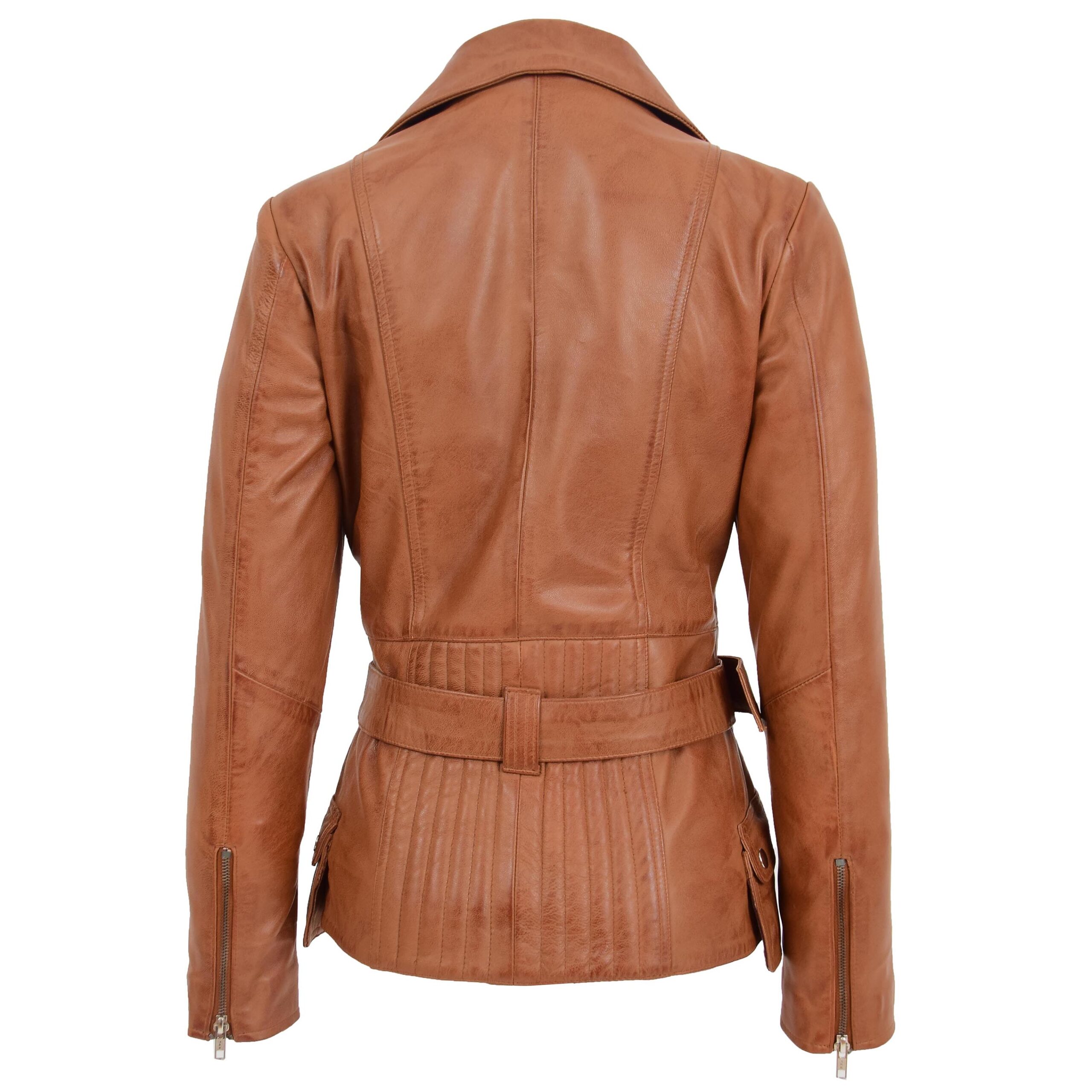 BUNERI Women's Leather Hip-Length Biker Jacket Tan – 2