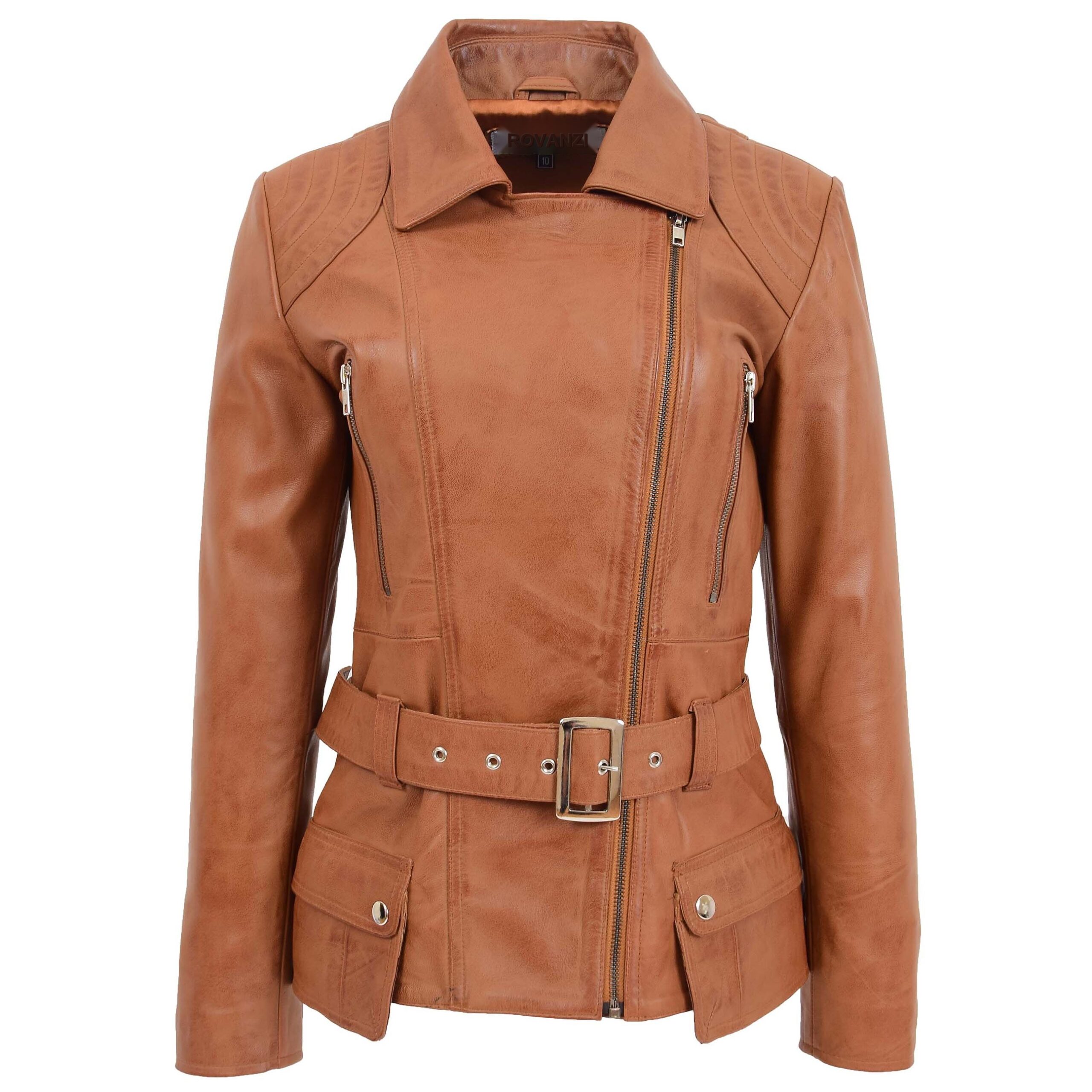 BUNERI Women's Leather Hip-Length Biker Jacket Tan – 3