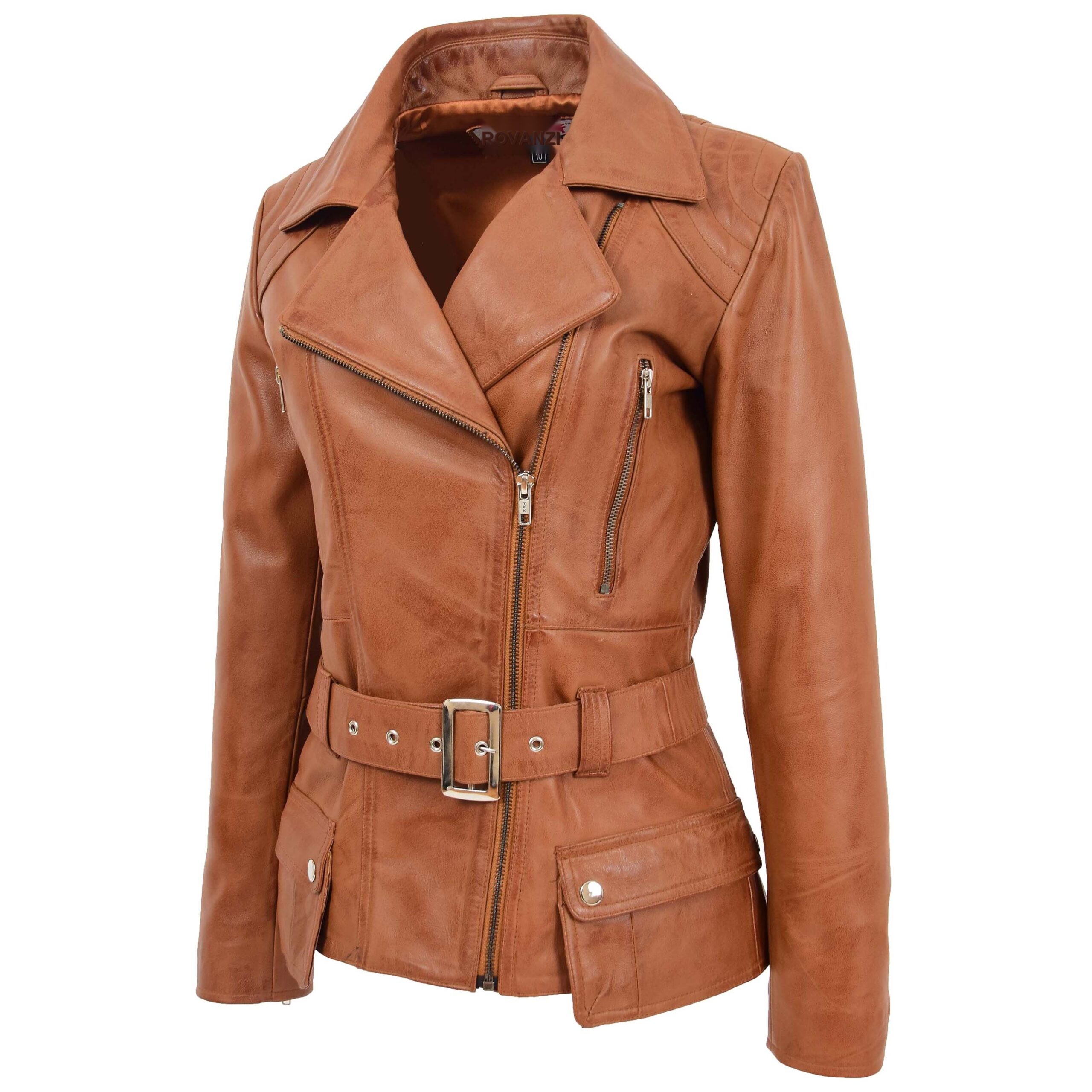 BUNERI Women's Leather Hip-Length Biker Jacket Tan – 4
