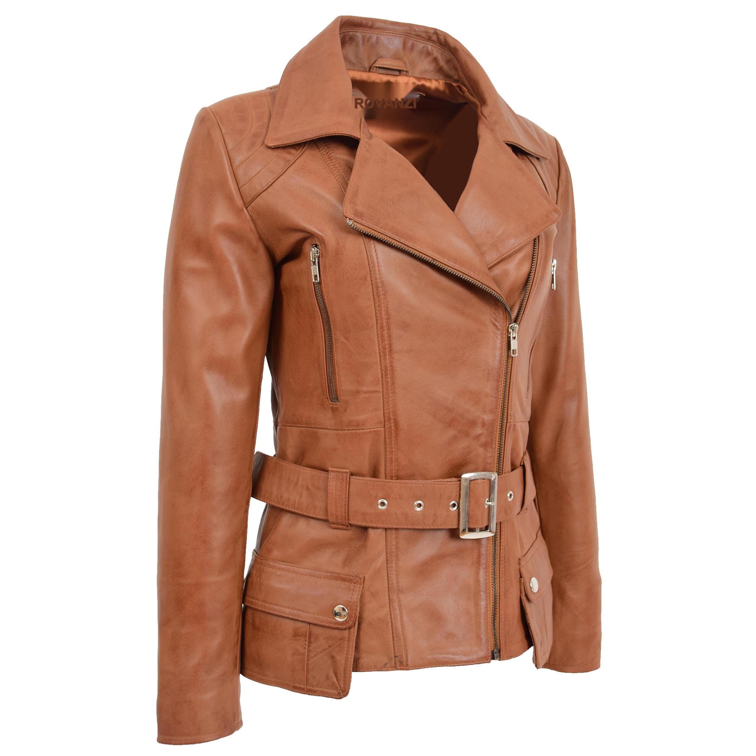 BUNERI Women's Leather Hip-Length Biker Jacket Tan – 5