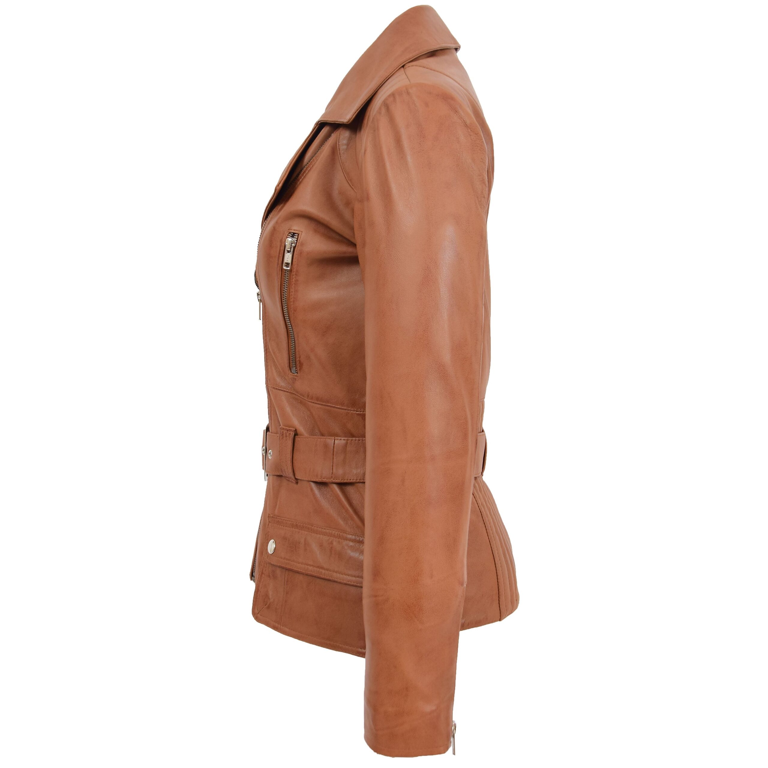 BUNERI Women's Leather Hip-Length Biker Jacket Tan – 6