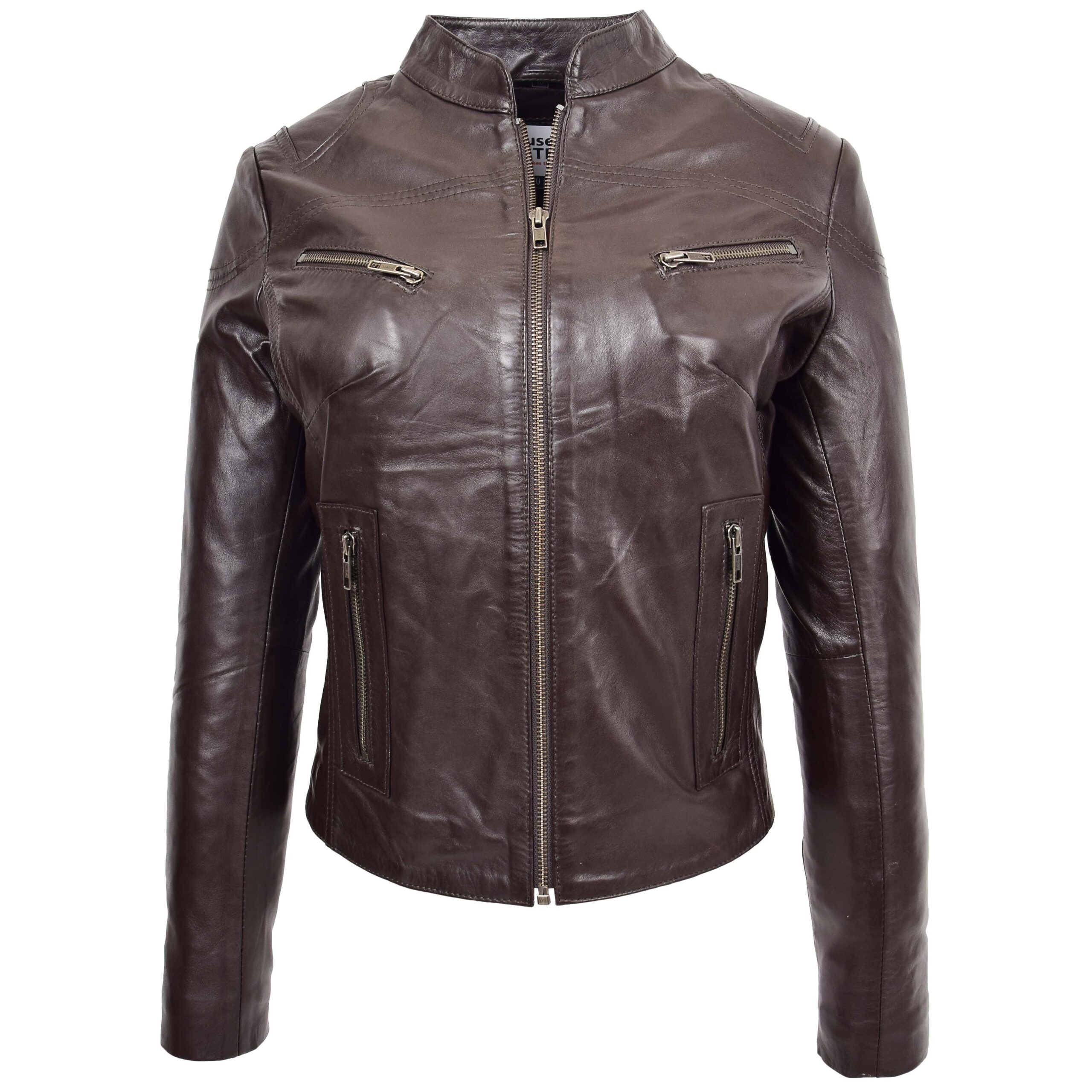 BUNERI Women's Leather Standing Collar Jacket Brown