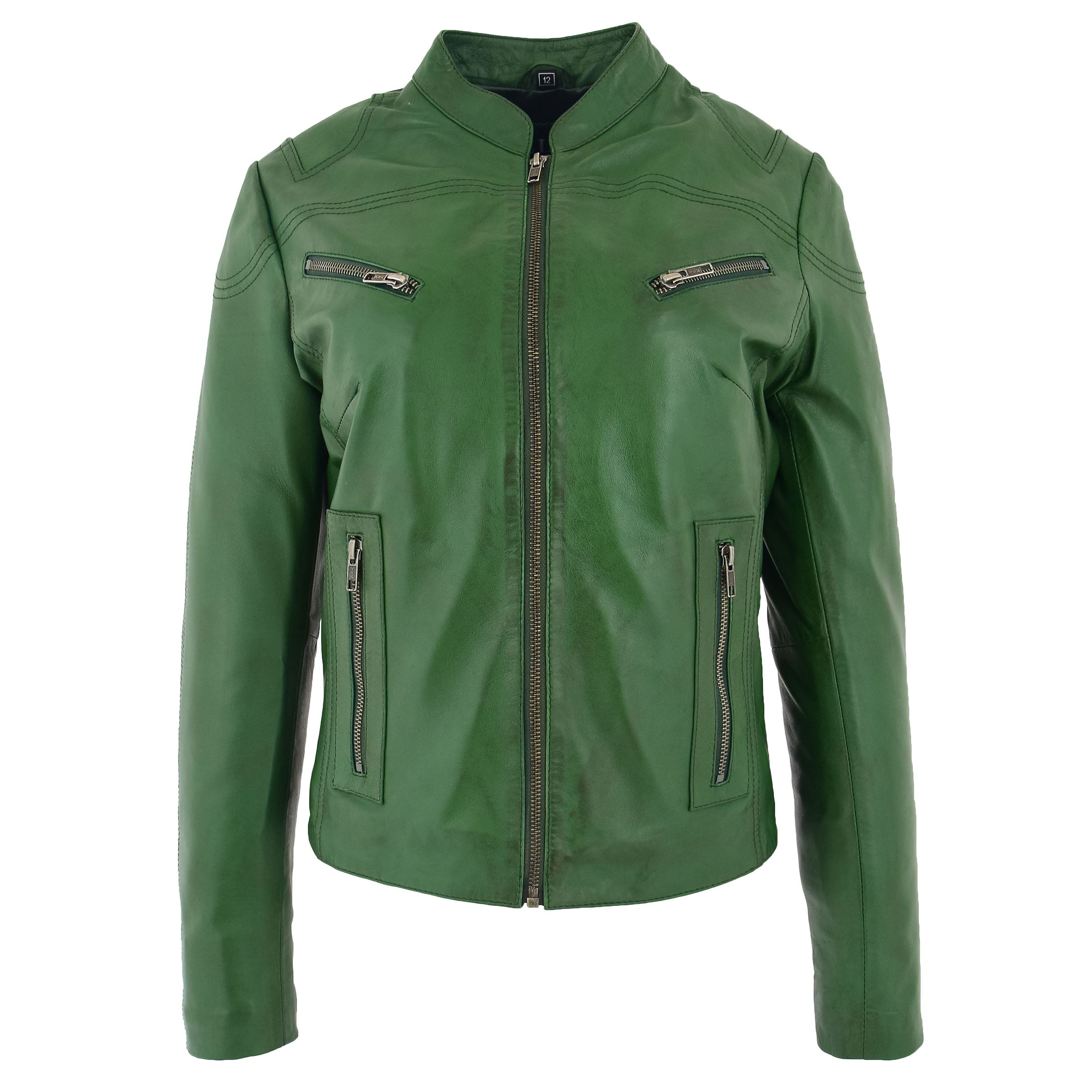 BUNERI Women's Green Leather Biker Jacket Standing Collar
