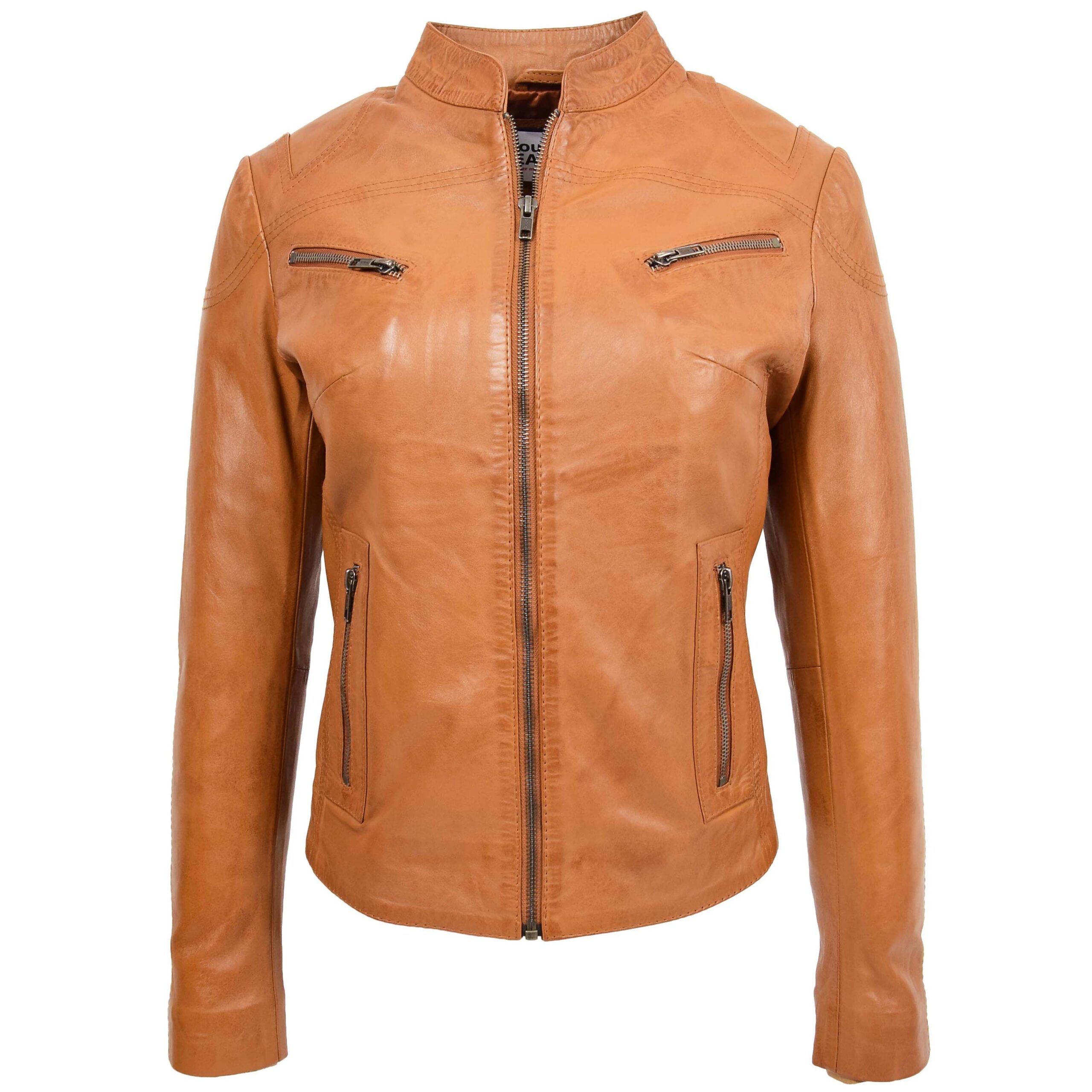 BUNERI Women's Leather Standing Collar Jacket Tan