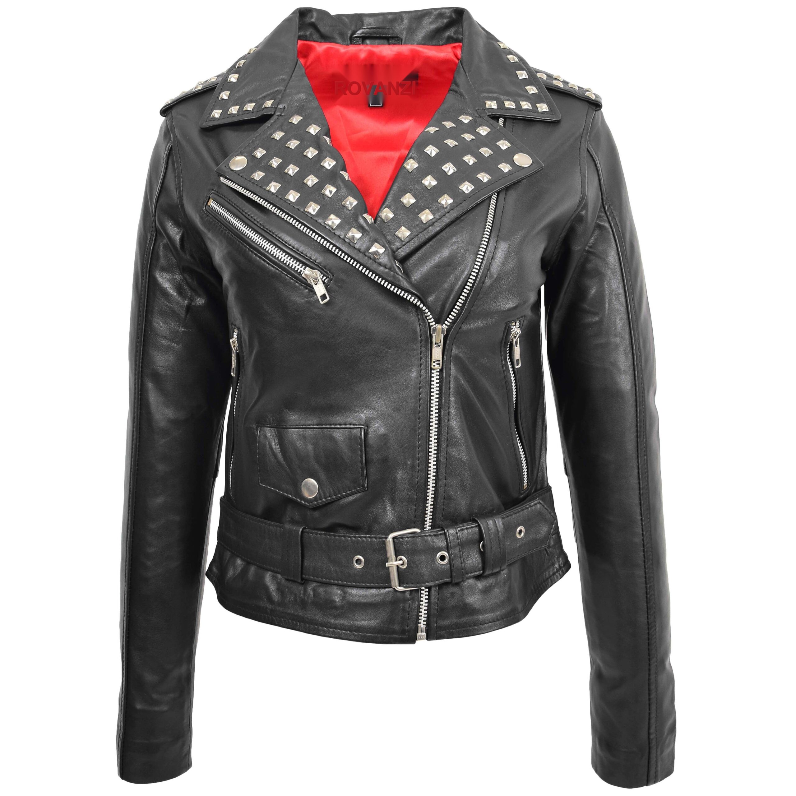 BUNERI Women's Leather Studded Brando Style Jacket Black