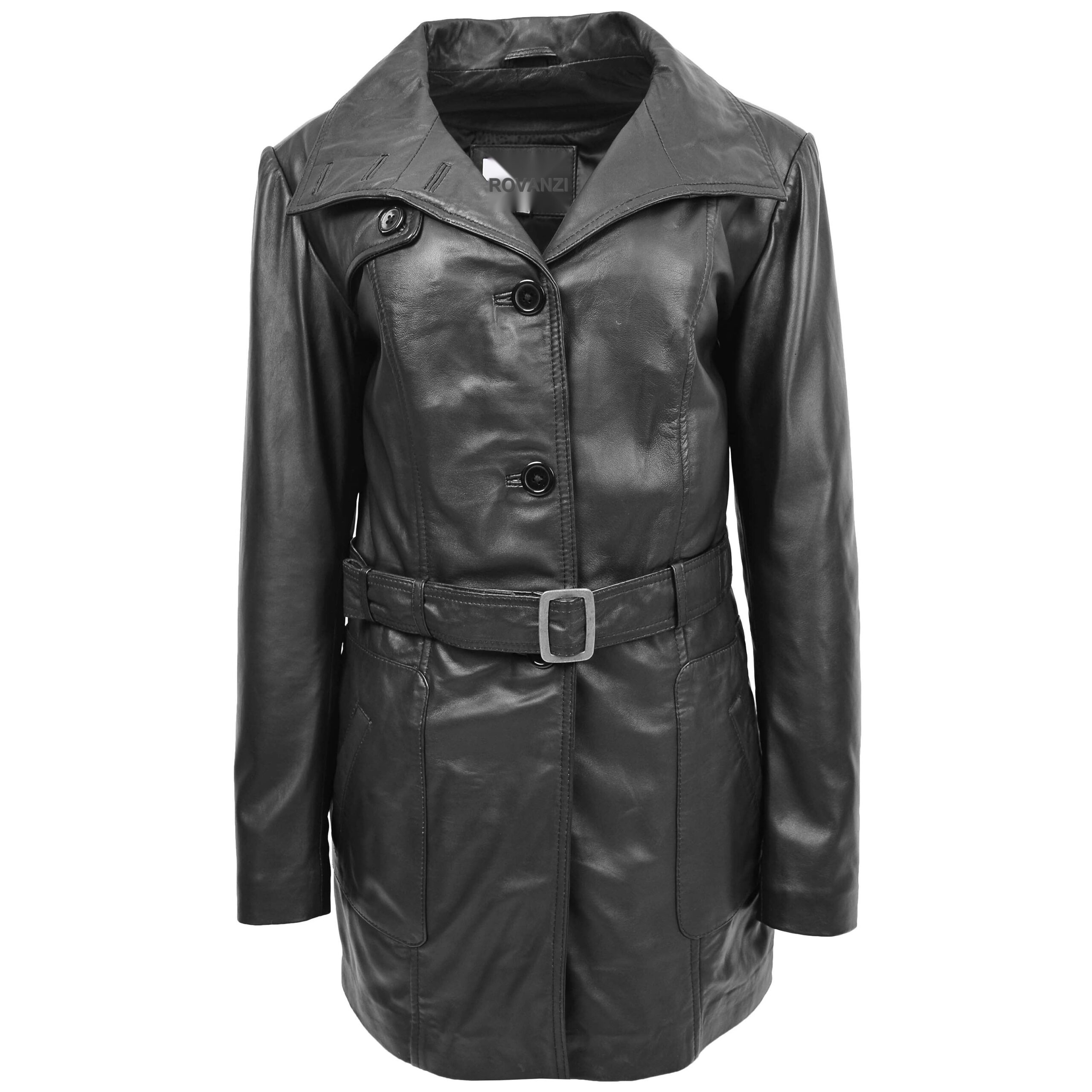 BUNERI Women's Leather Trench Coat Black with Belt