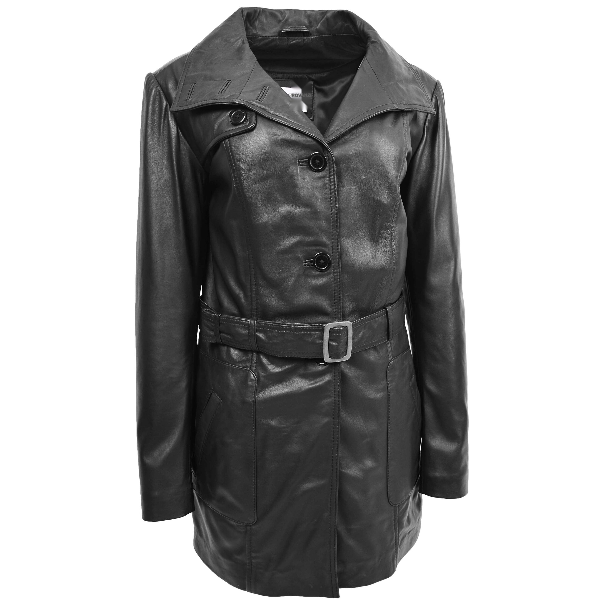 BUNERI Women's Leather Trench Coat Black with Belt – 3
