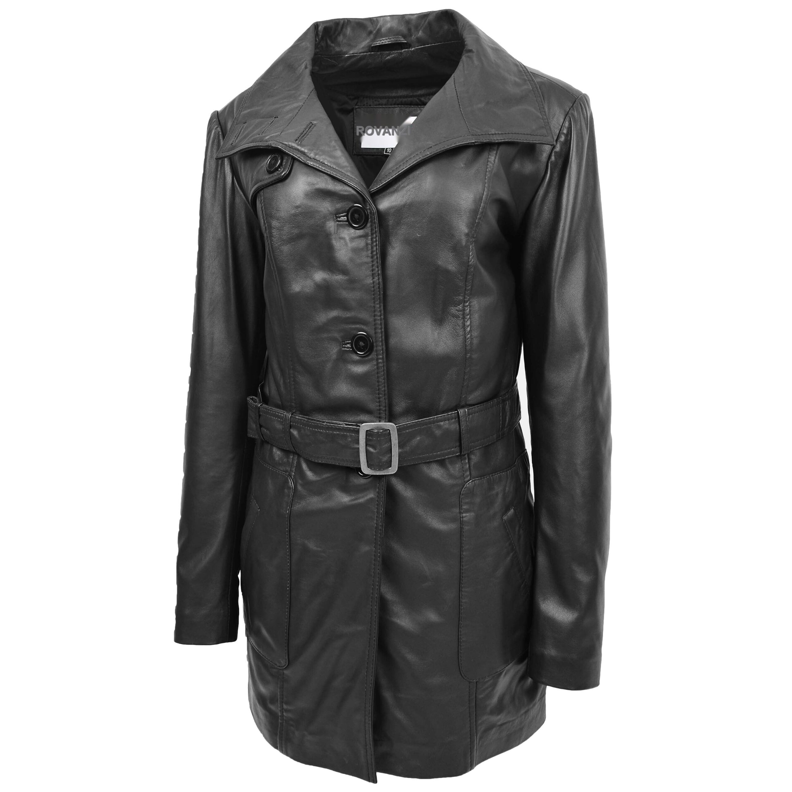 BUNERI Women's Leather Trench Coat Black with Belt – 4