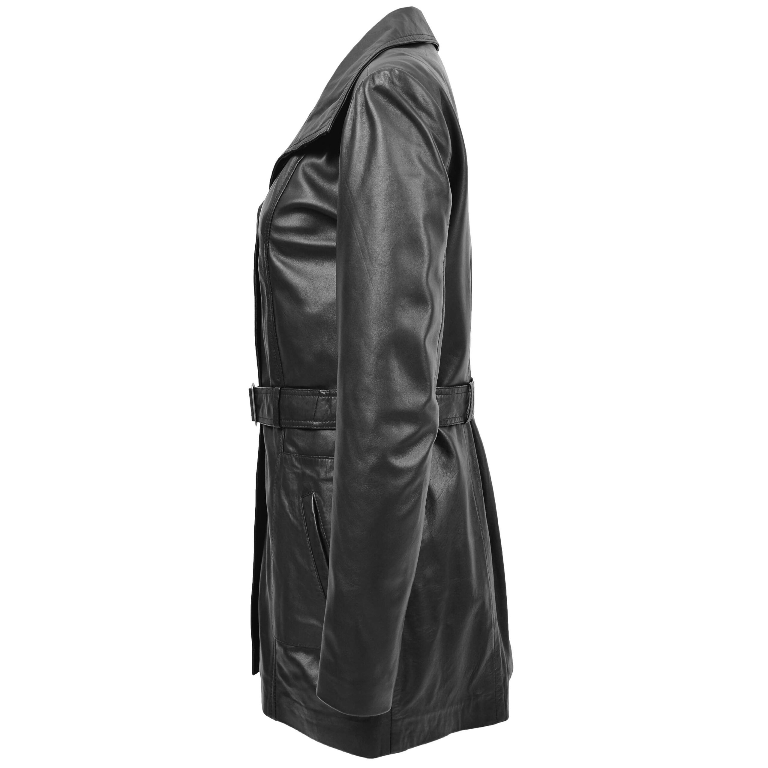 BUNERI Women's Leather Trench Coat Black with Belt – 5