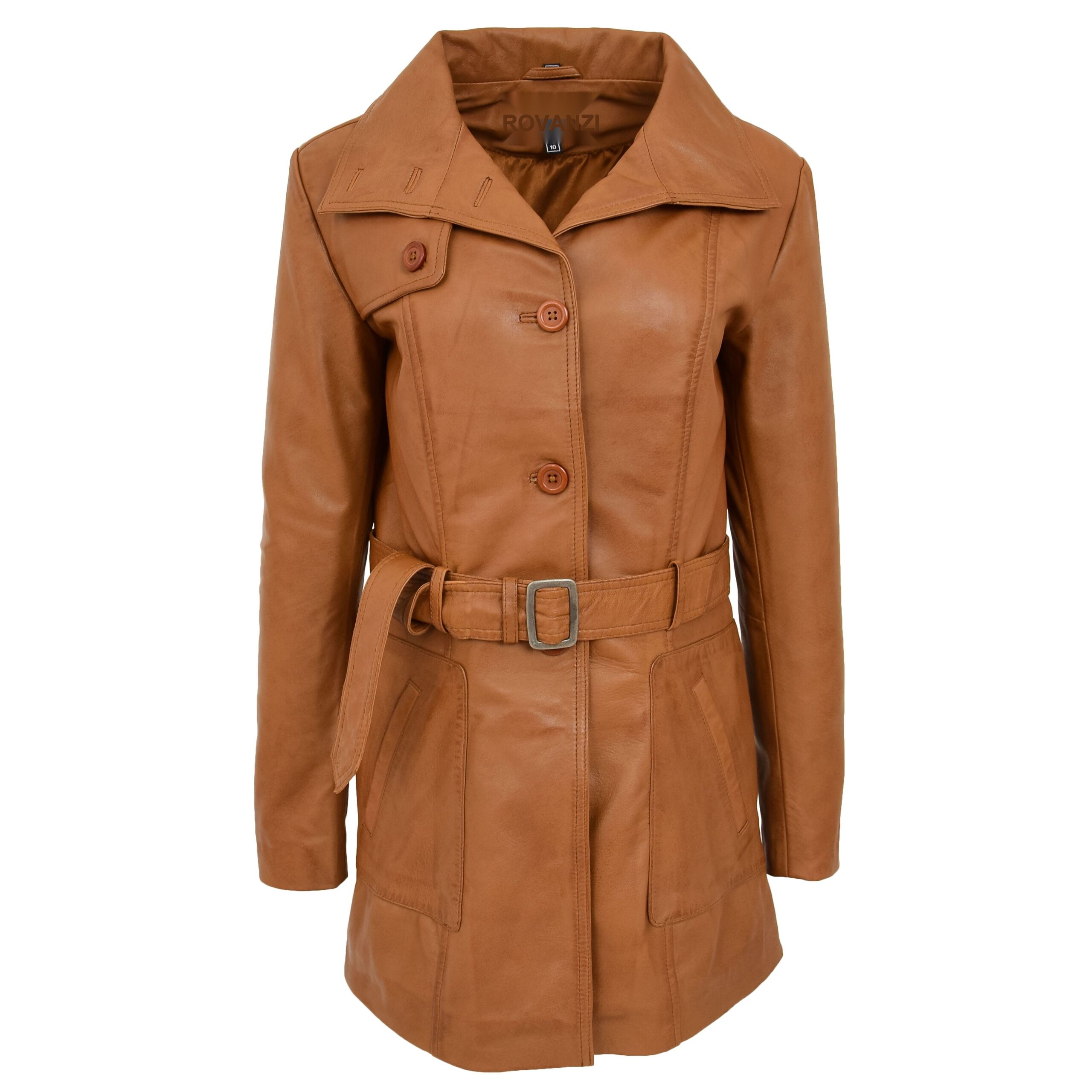 BUNERI Women's Leather Trench Coat Tan with Belt