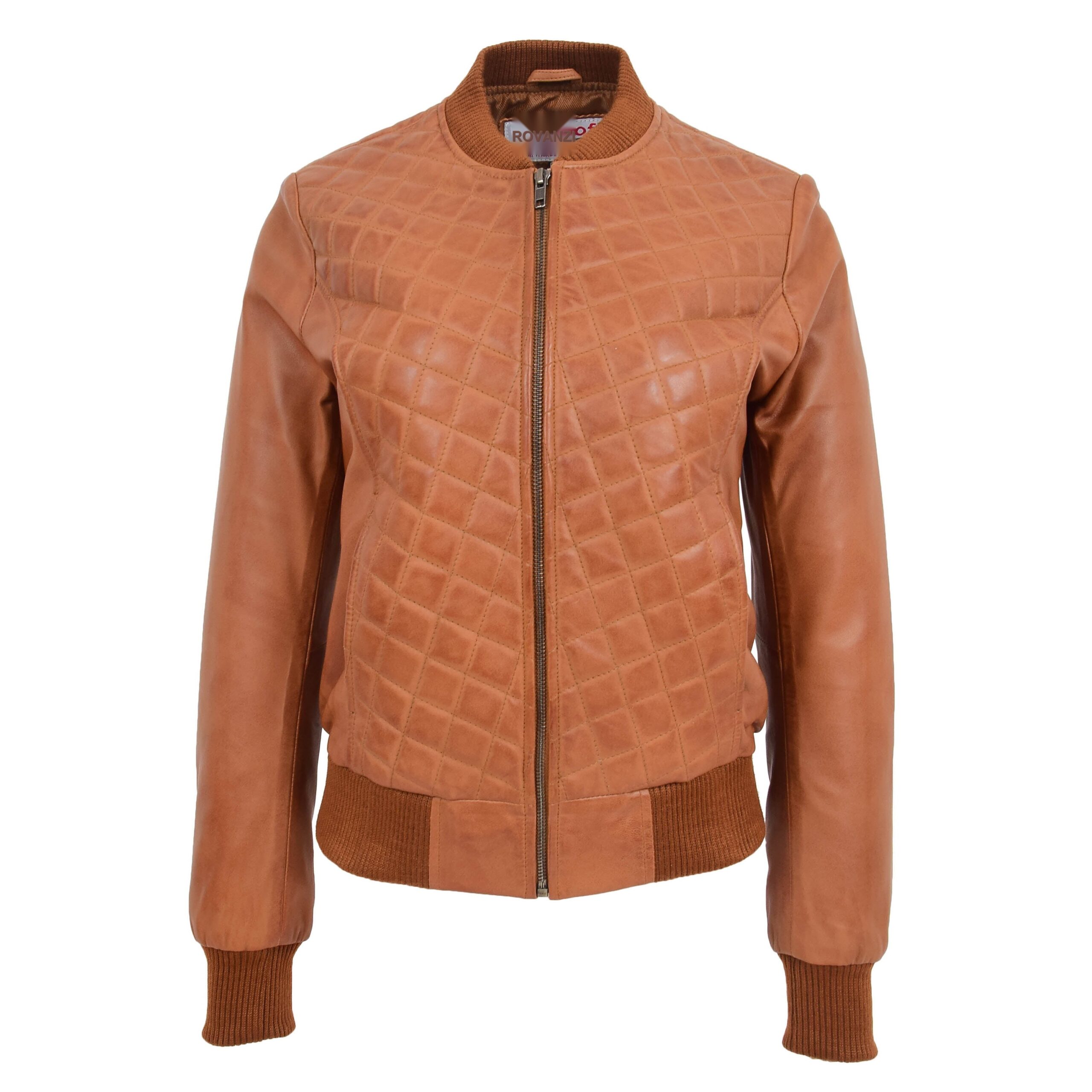 BUNERI Women's Leather Varsity Quilted Bomber Jacket Tan