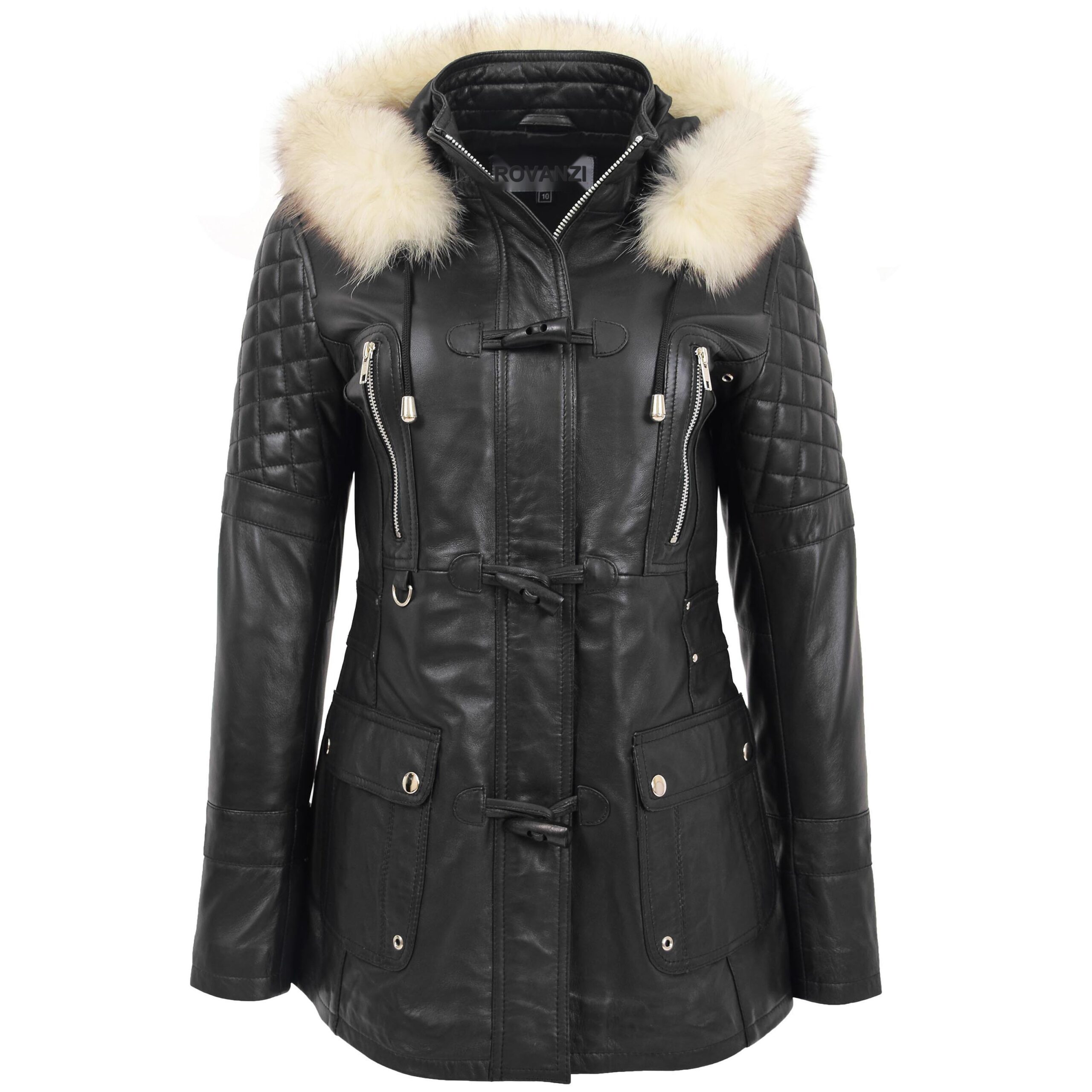 BUNERI Women's Original Duffle Style Leather Coat Black