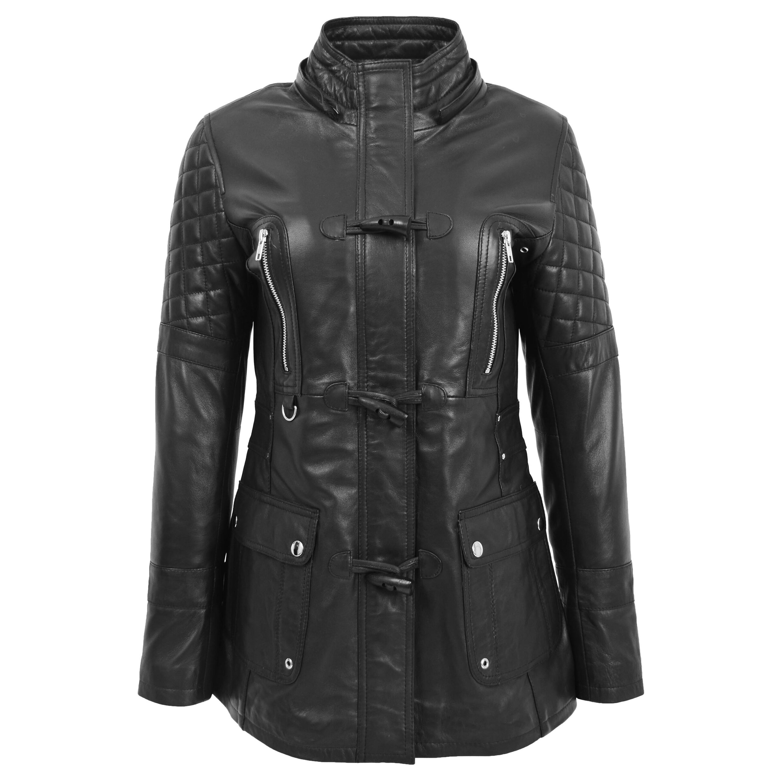 BUNERI Women's Original Duffle Style Leather Coat Black – 3