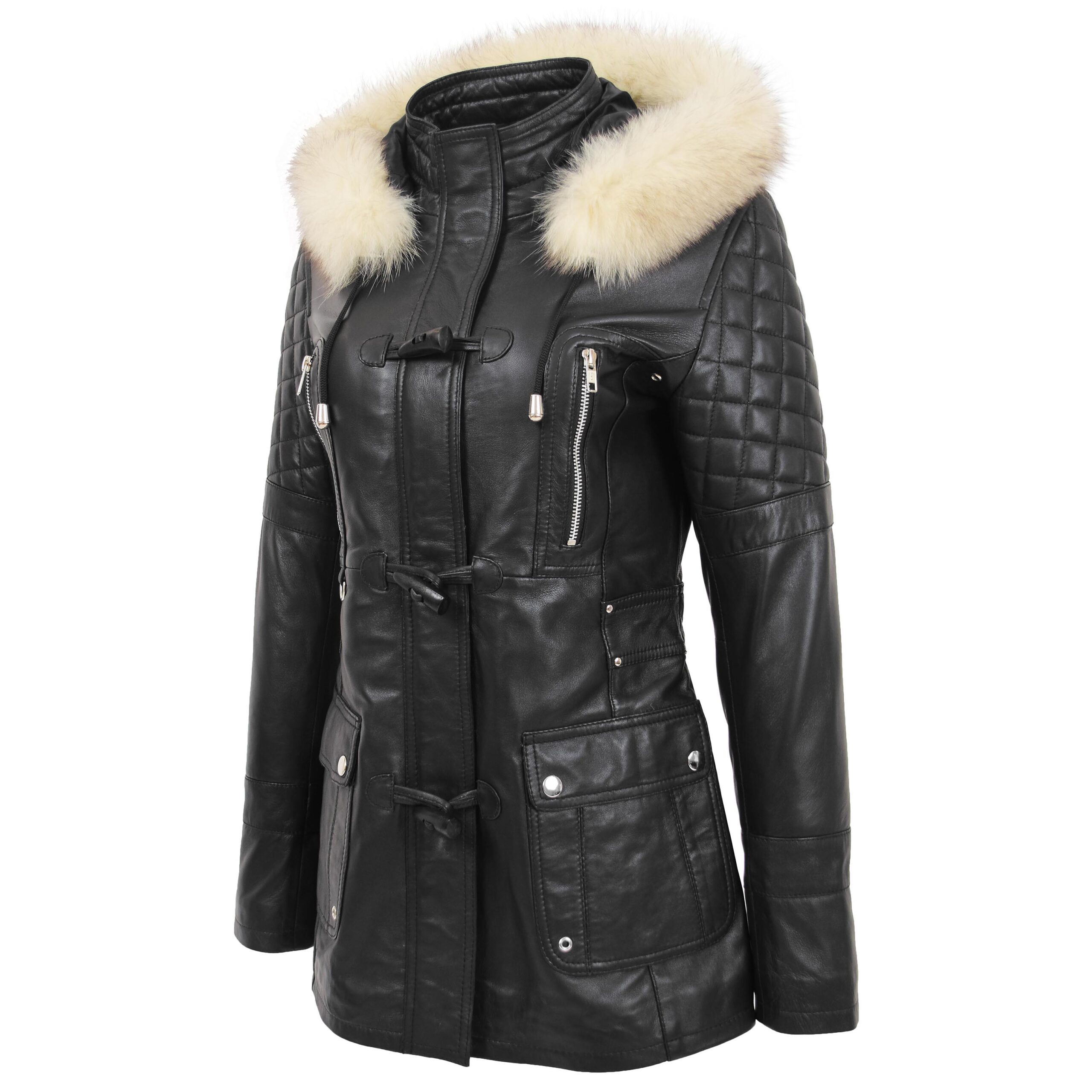 BUNERI Women's Original Duffle Style Leather Coat Black – 4