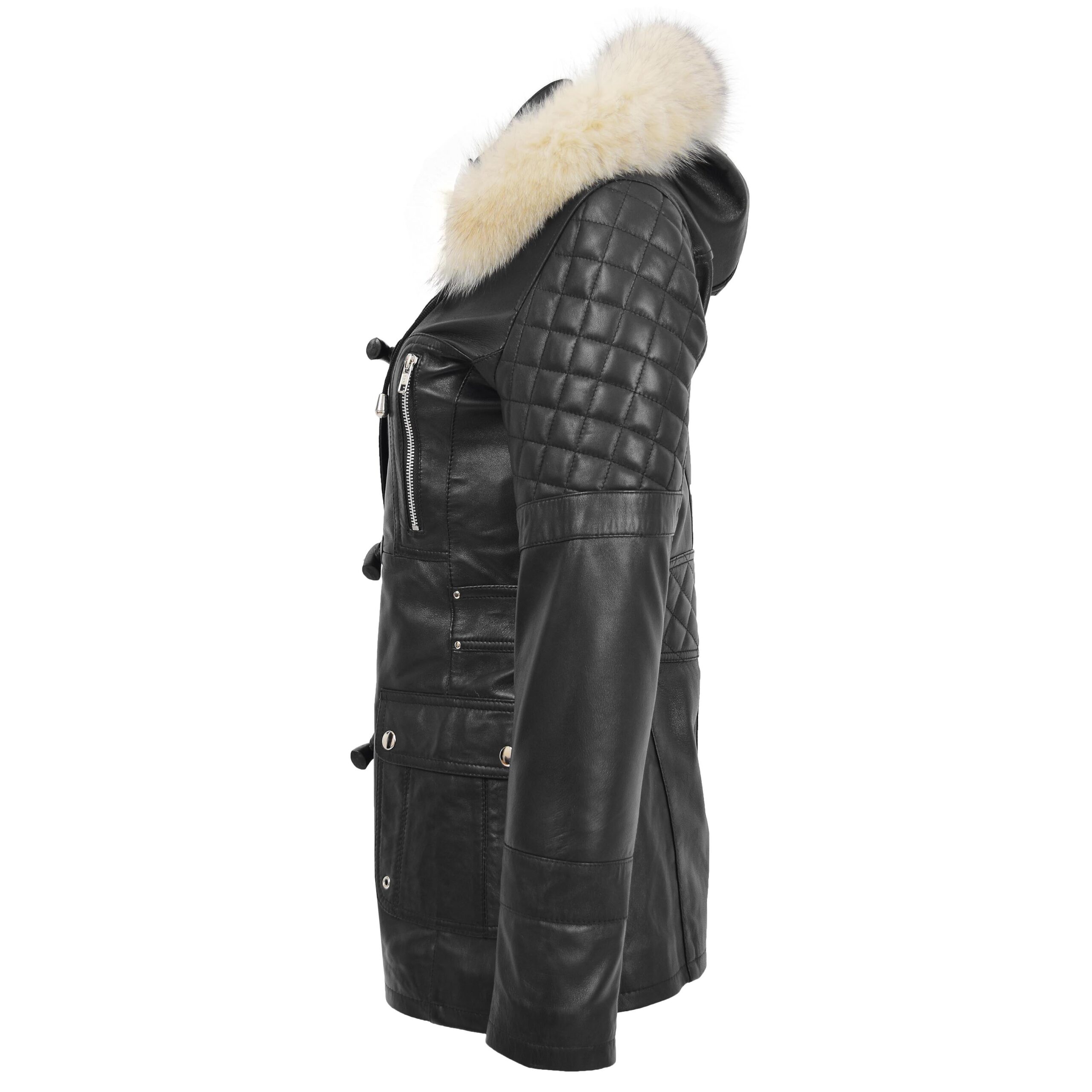 BUNERI Women's Original Duffle Style Leather Coat Black – 5