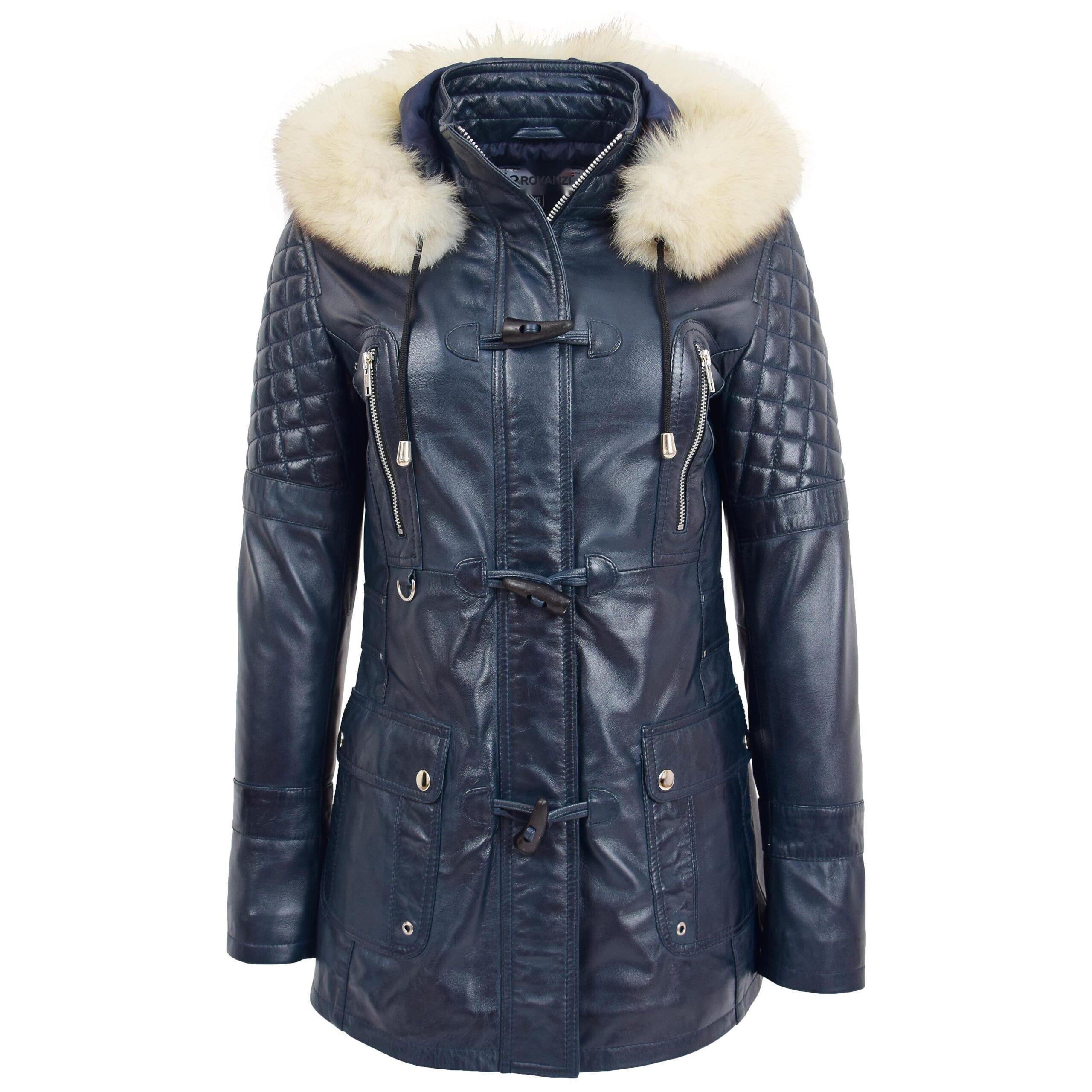 BUNERI Blue Original Duffle Style Leather Coat Women