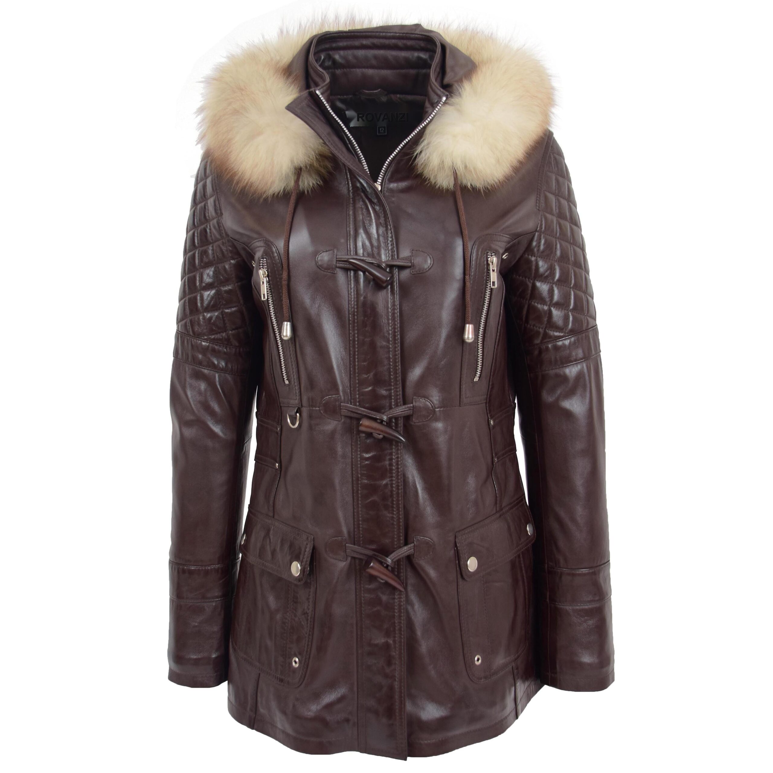 BUNERI Brown Leather Original Duffle Style Coat