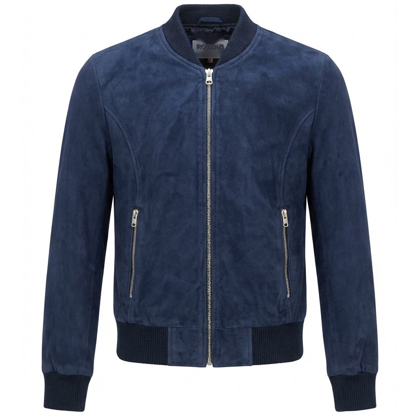 BUNERI Women's Blue Suede Bomber Jacket MA-1 Style