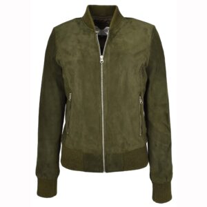 BUNERI Women’s Khaki Green Suede MA-1 Bomber Jacket