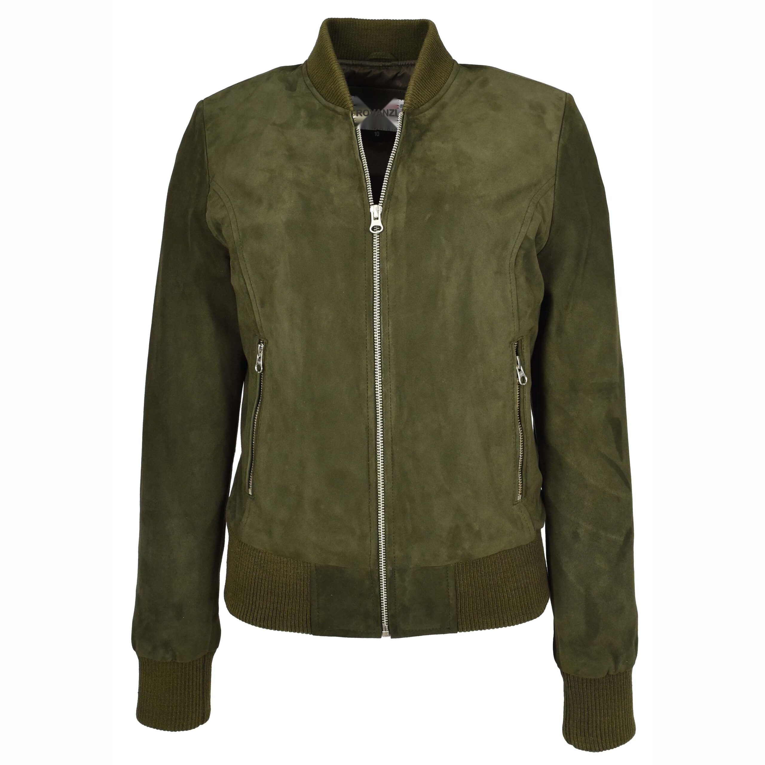 BUNERI Women's Khaki Green Suede MA-1 Bomber Jacket
