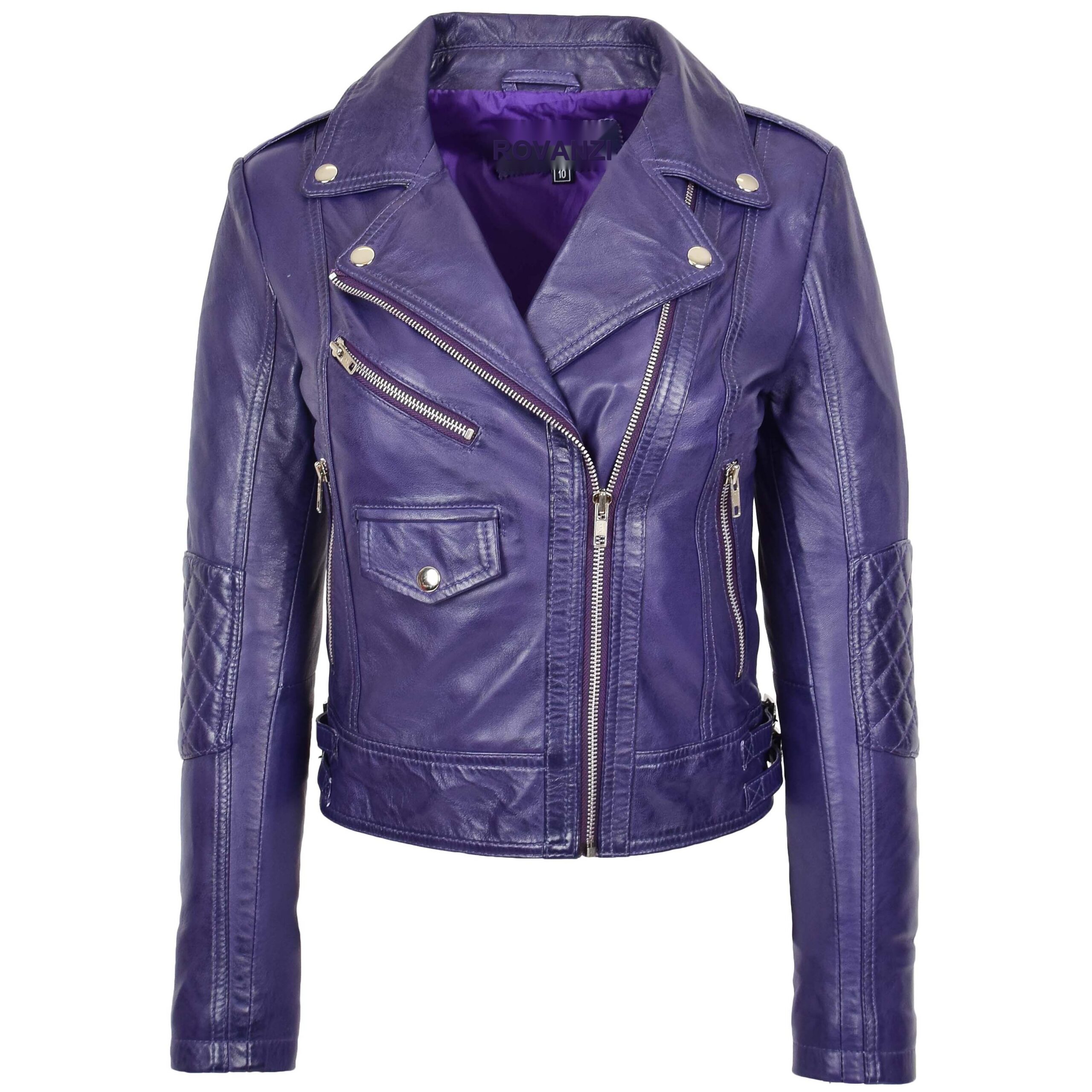 BUNERI Women's Real Leather Biker Cross Zip Fashion Jacket Purple
