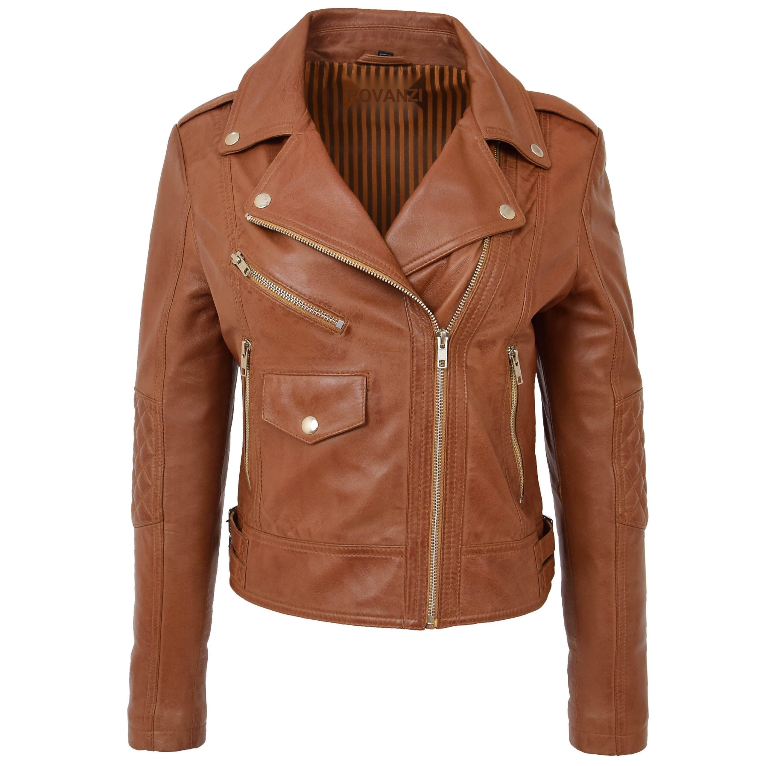 BUNERI Women's Tan Leather Cross-Zip Biker Jacket