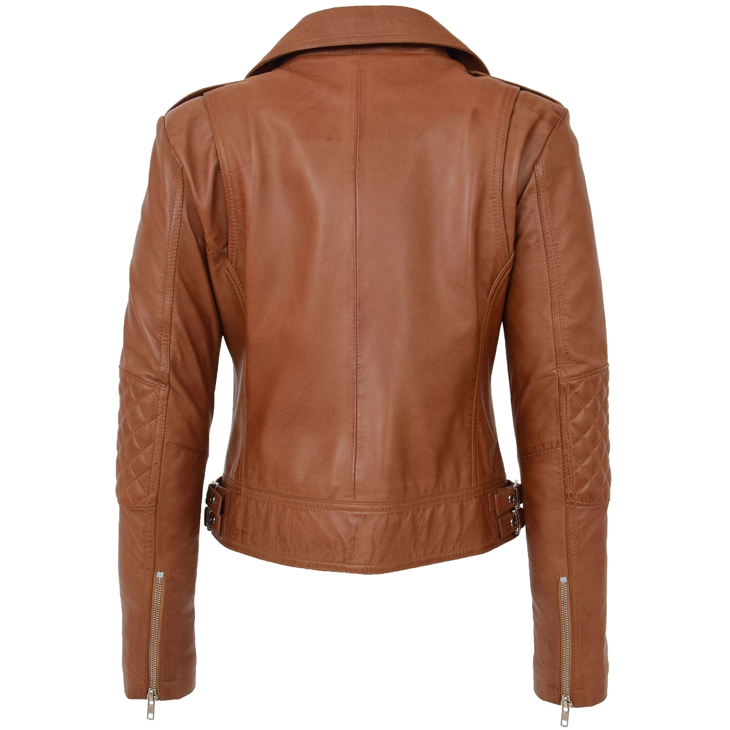 BUNERI Women's Tan Leather Cross-Zip Biker Jacket – 2