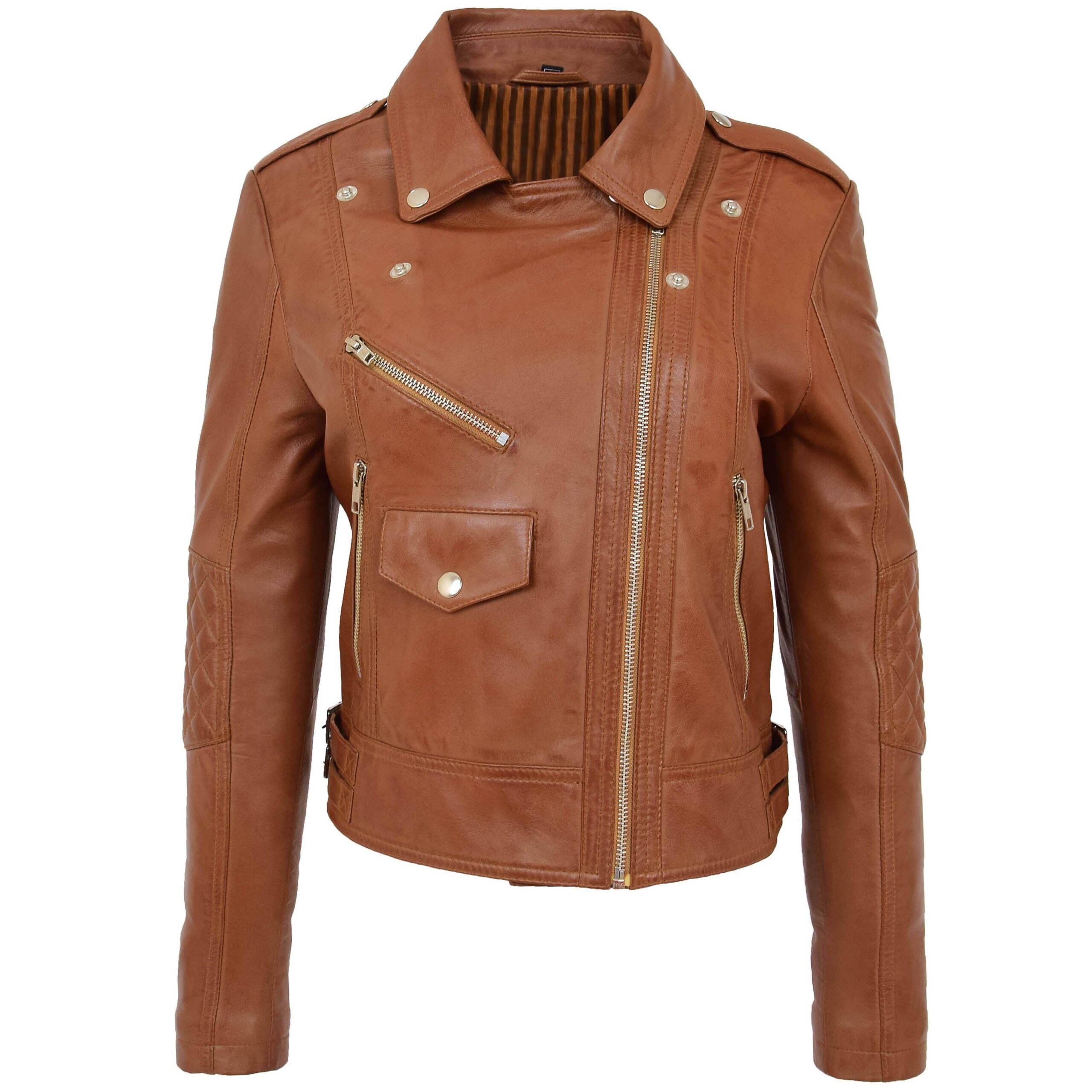 BUNERI Women's Tan Leather Cross-Zip Biker Jacket – 3