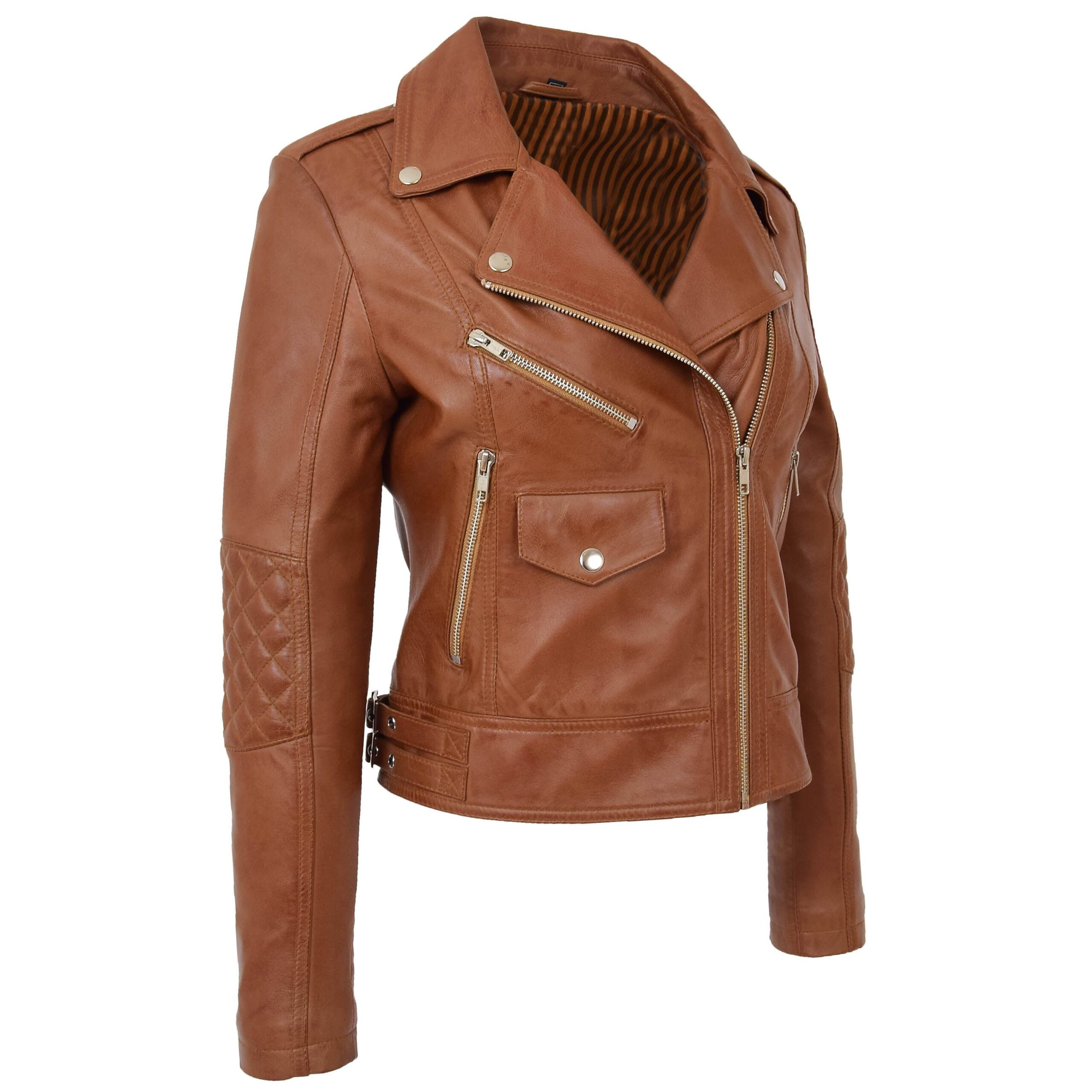 BUNERI Women's Tan Leather Cross-Zip Biker Jacket – 4