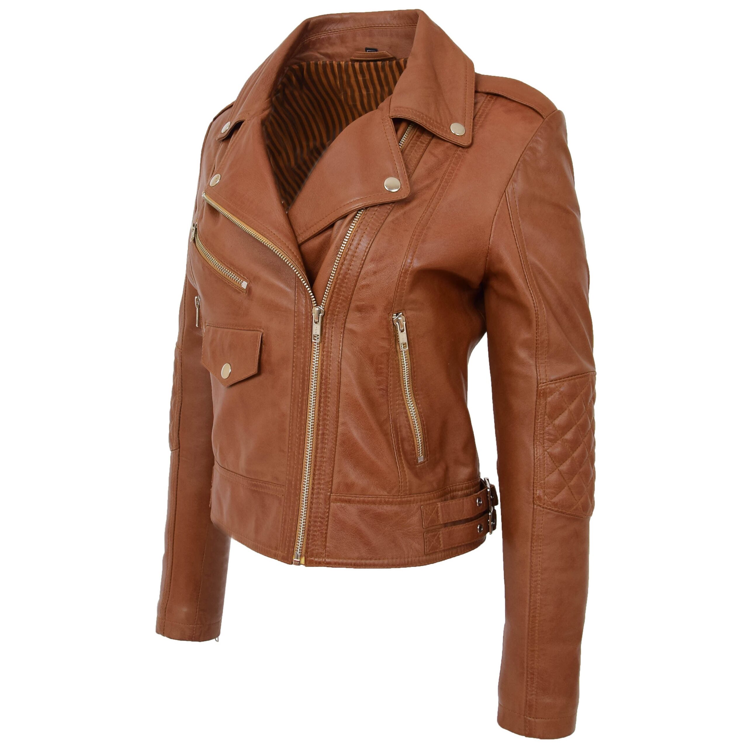 BUNERI Women's Tan Leather Cross-Zip Biker Jacket – 5