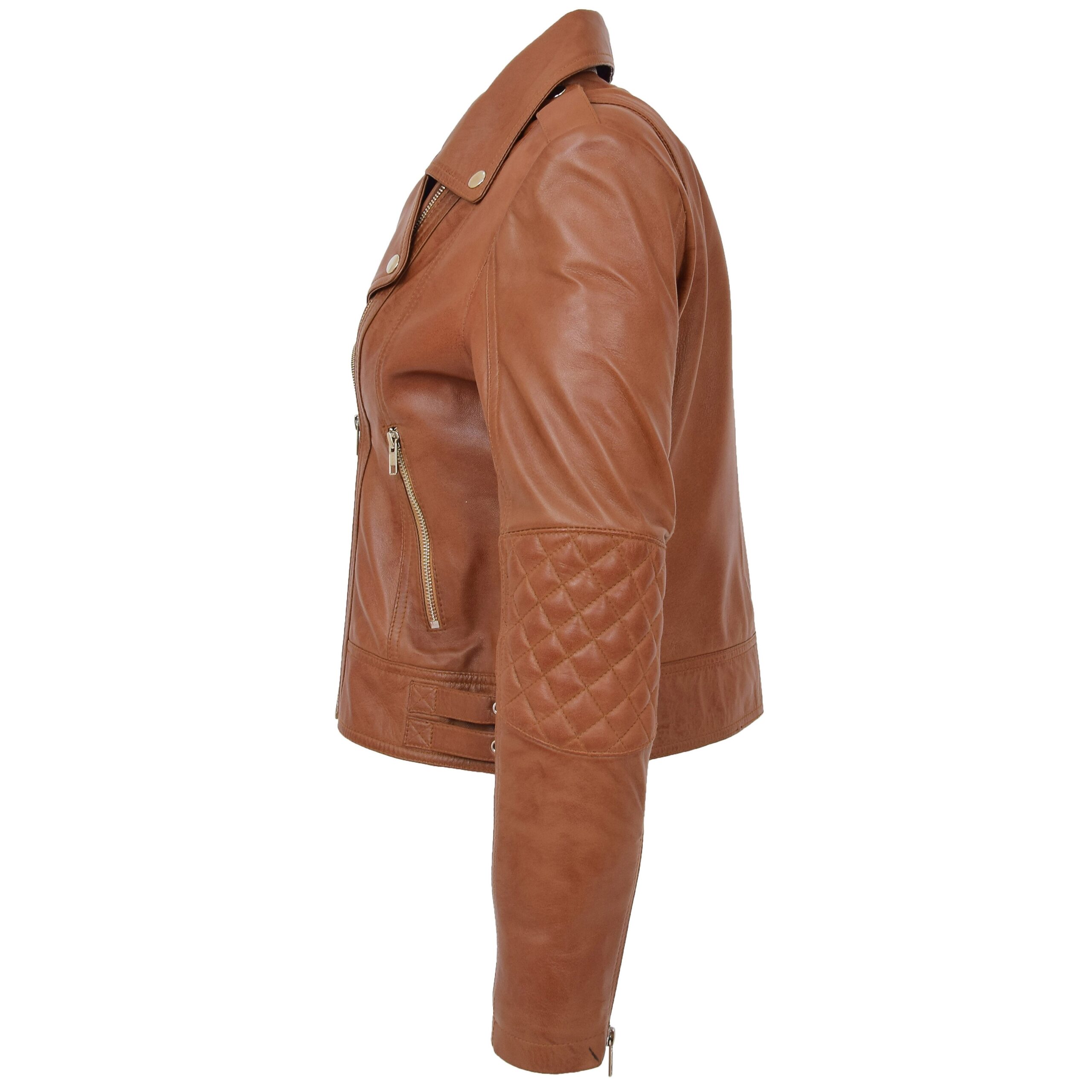 BUNERI Women's Tan Leather Cross-Zip Biker Jacket – 6