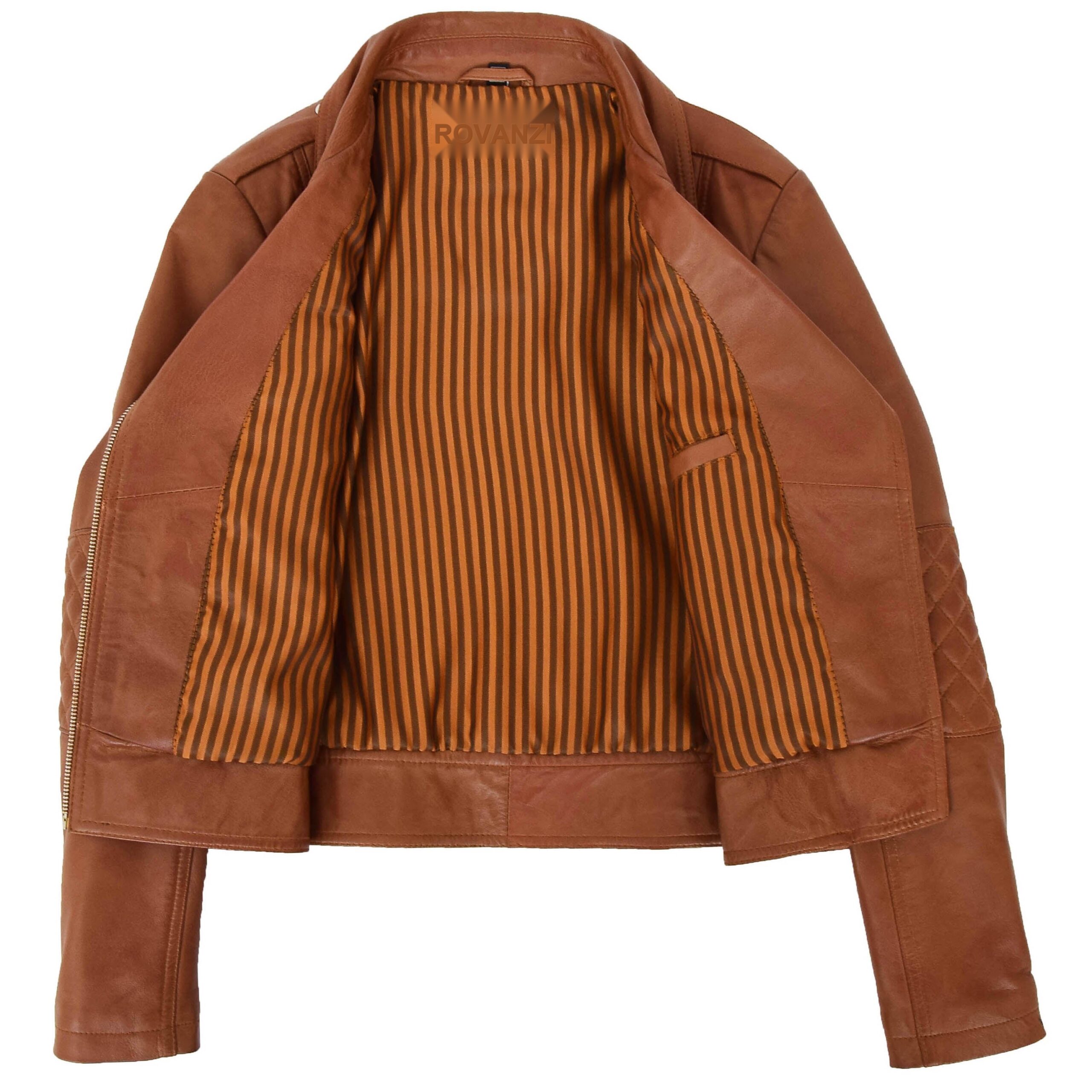 BUNERI Women's Tan Leather Cross-Zip Biker Jacket – 7