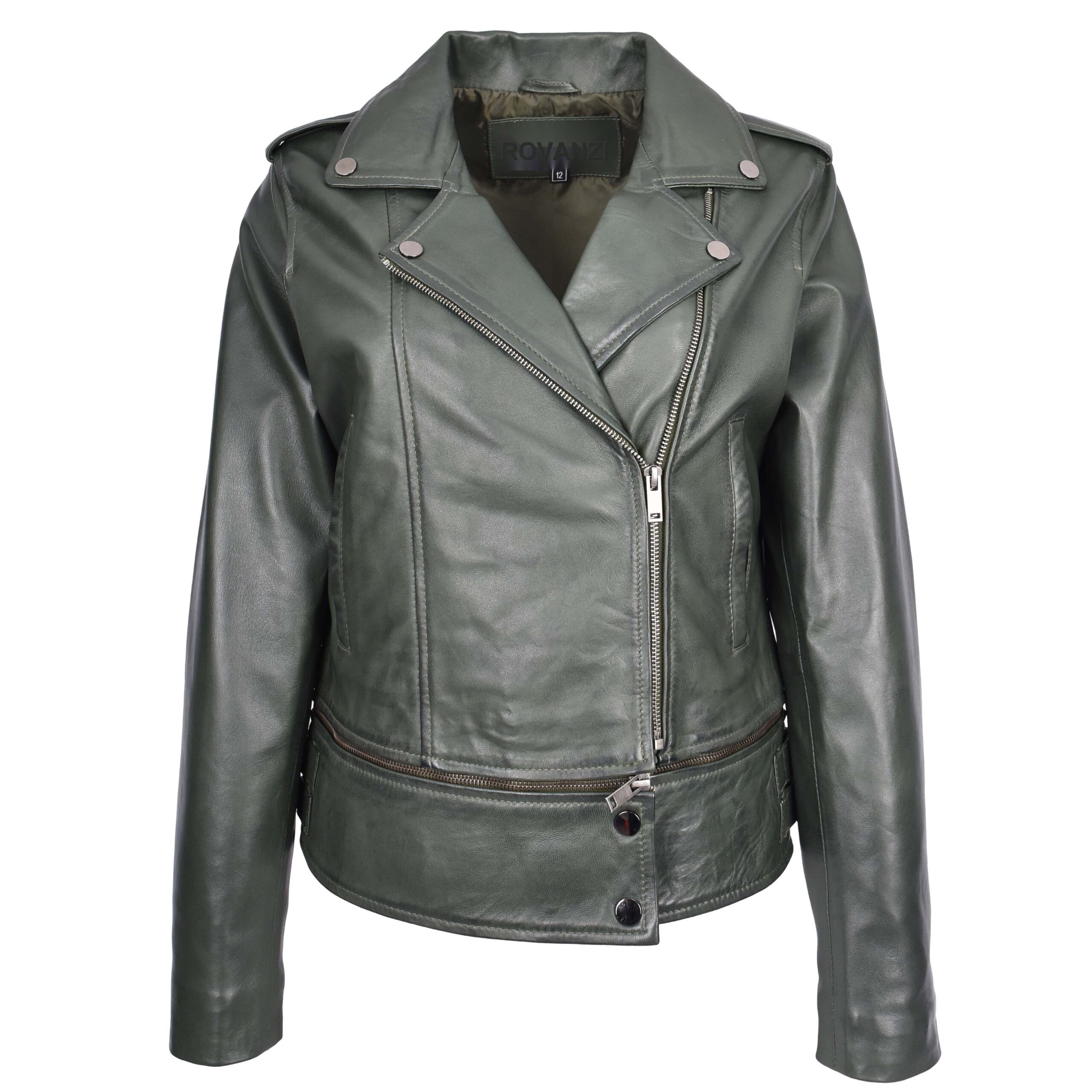 BUNERI Green Real Leather Biker Jacket 2-in-1 Cropped Style