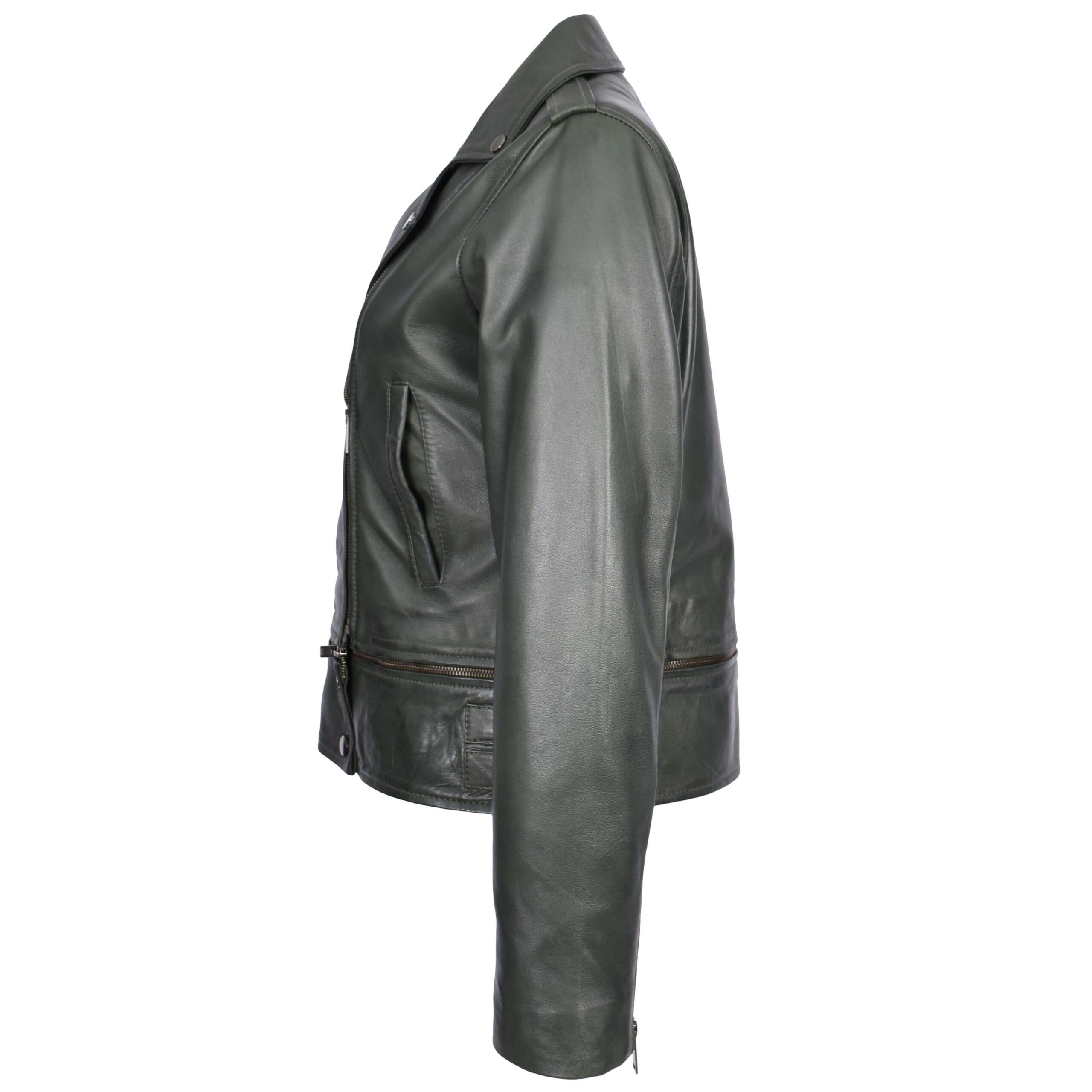 BUNERI Green Real Leather Biker Jacket 2-in-1 Cropped Style – 3
