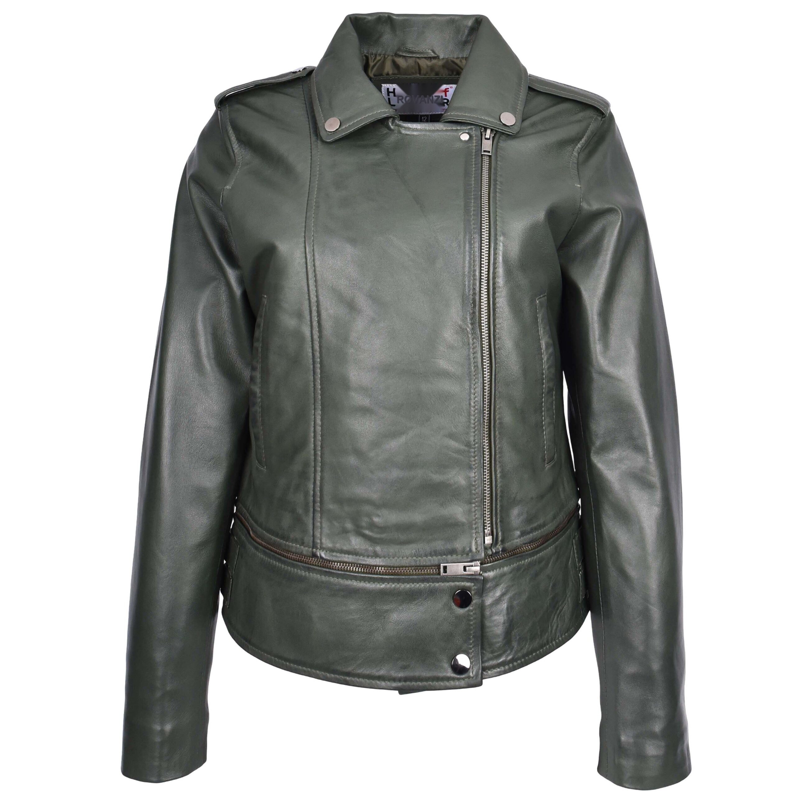 BUNERI Green Real Leather Biker Jacket 2-in-1 Cropped Style – 4