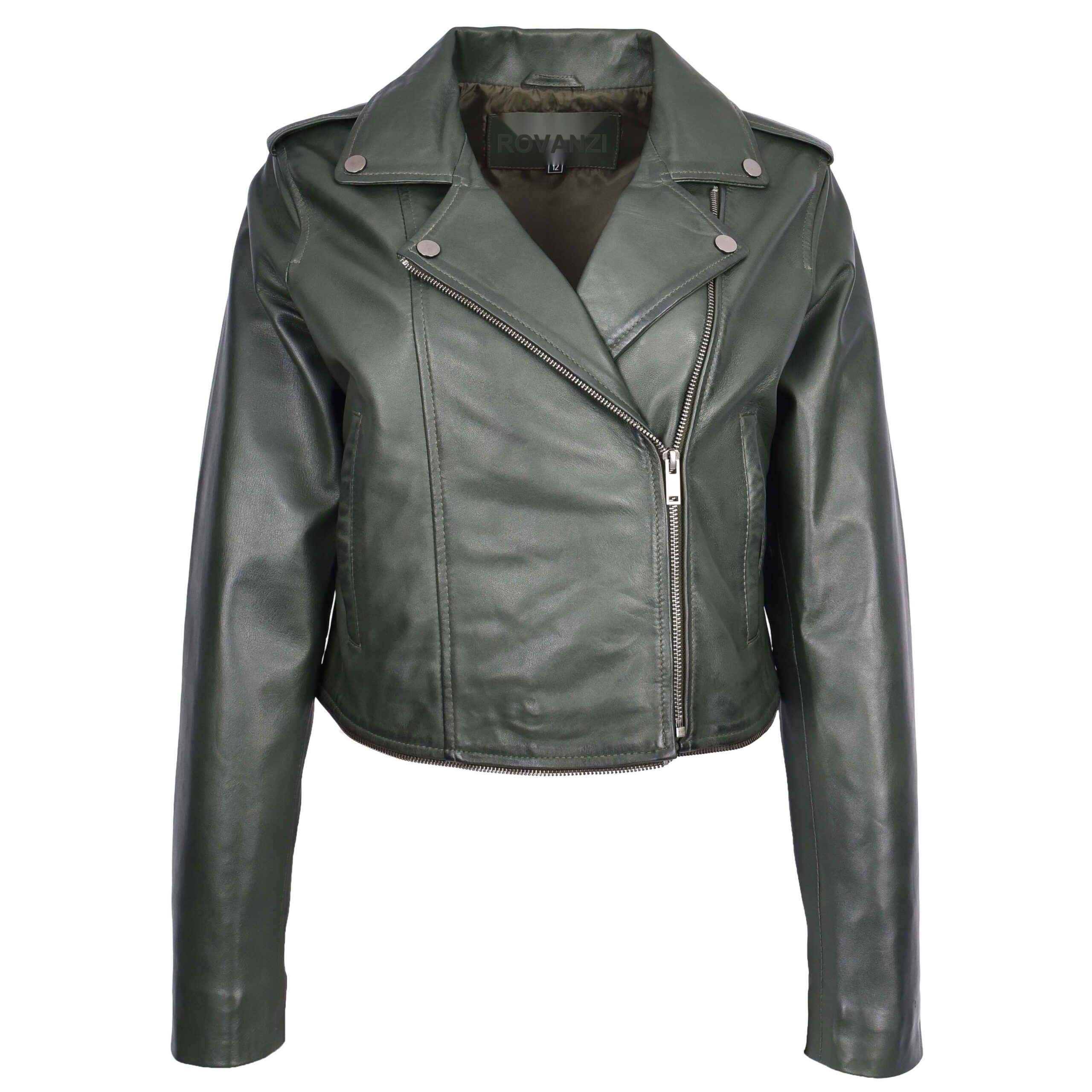 BUNERI Green Real Leather Biker Jacket 2-in-1 Cropped Style – 5