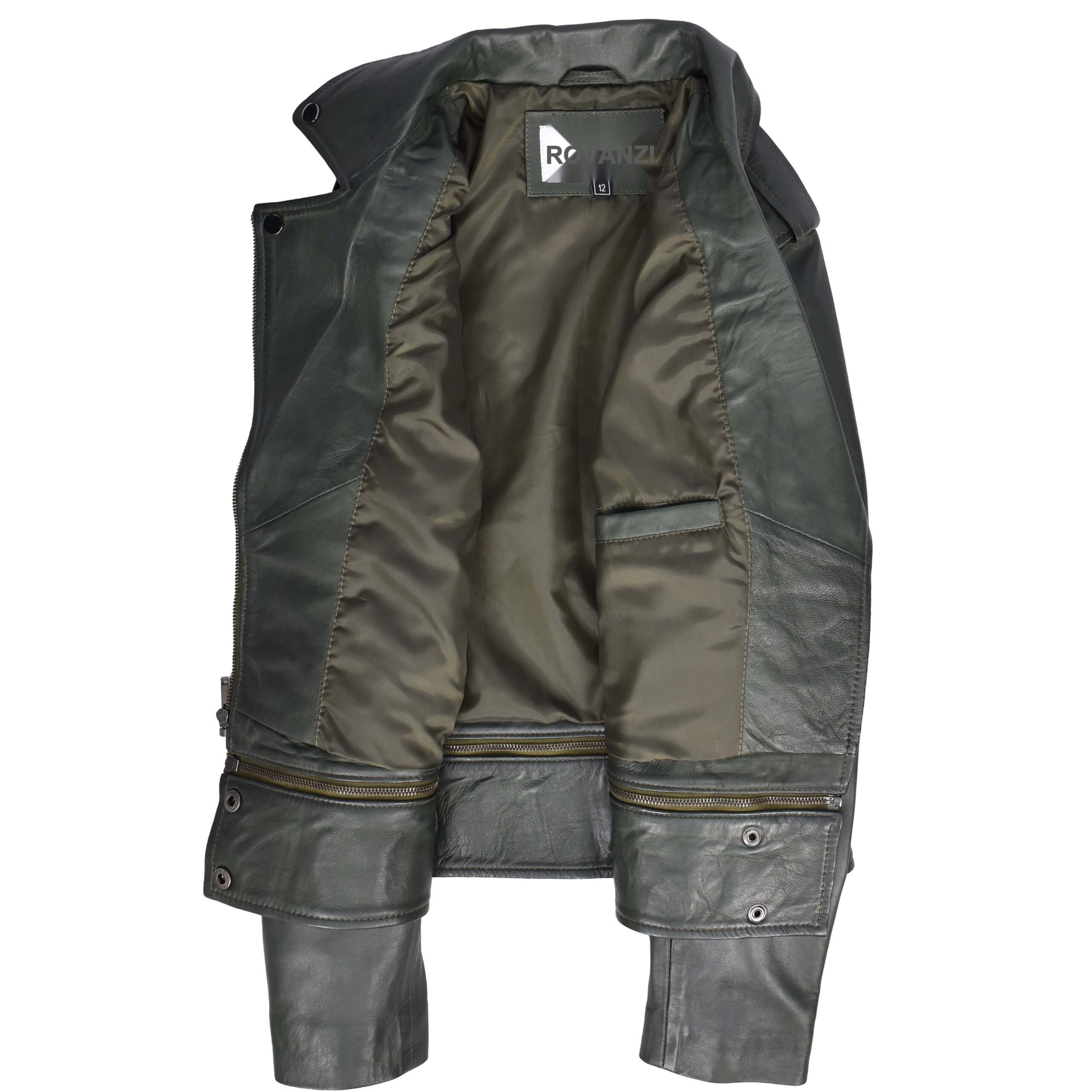 BUNERI Green Real Leather Biker Jacket 2-in-1 Cropped Style – 6