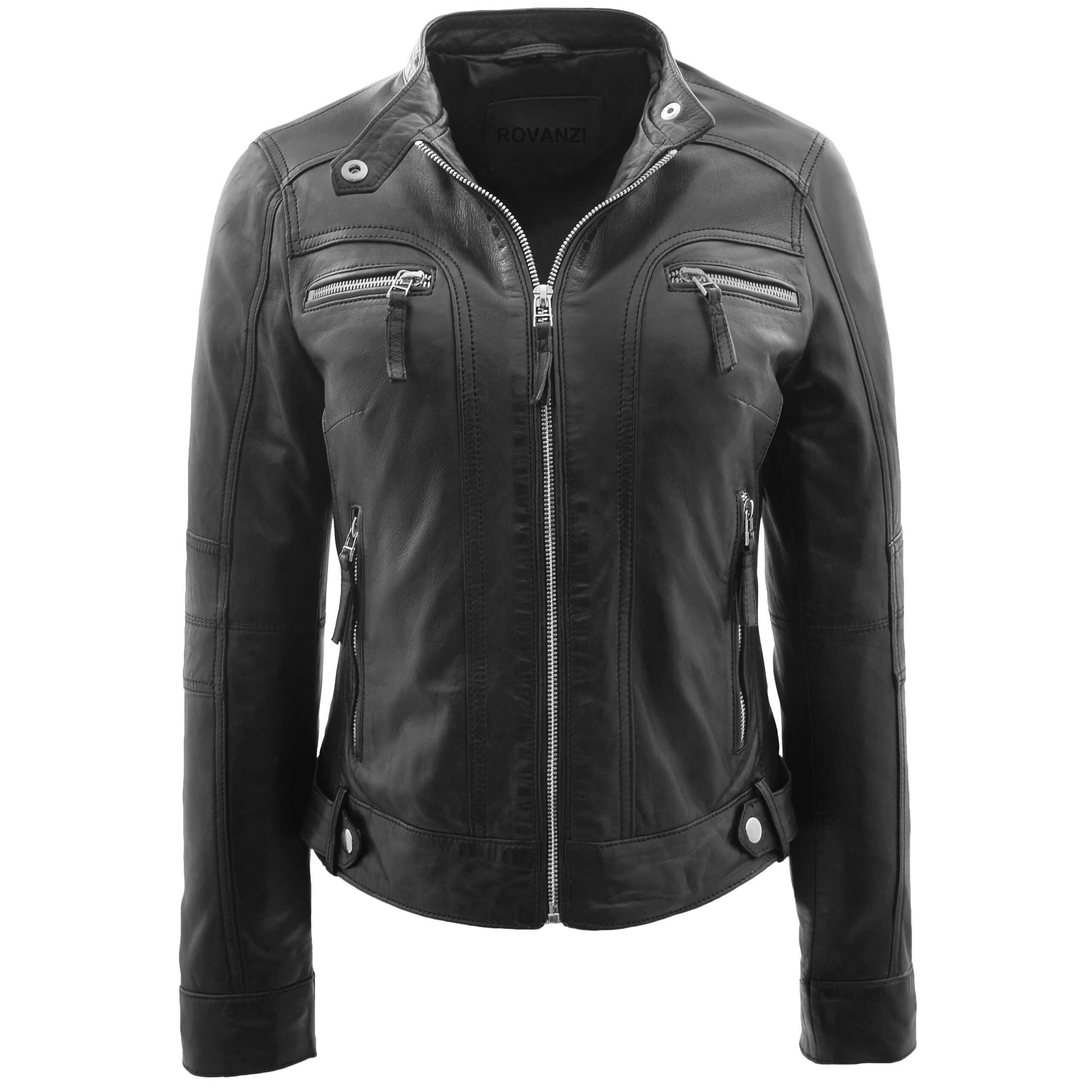BUNERI Black Leather Casual Style Biker Jacket