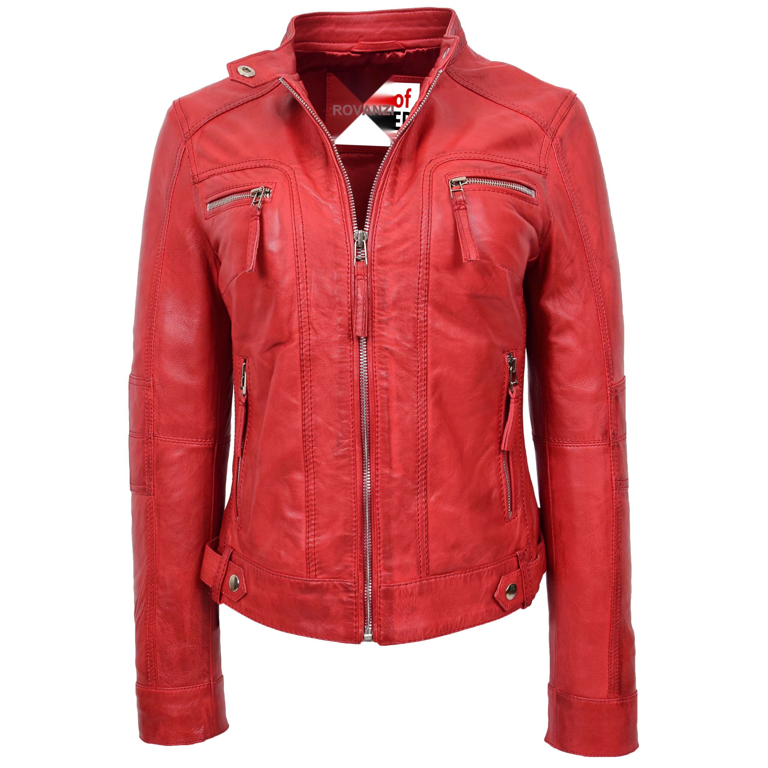 BUNERI Red Real Leather Casual Biker Jacket