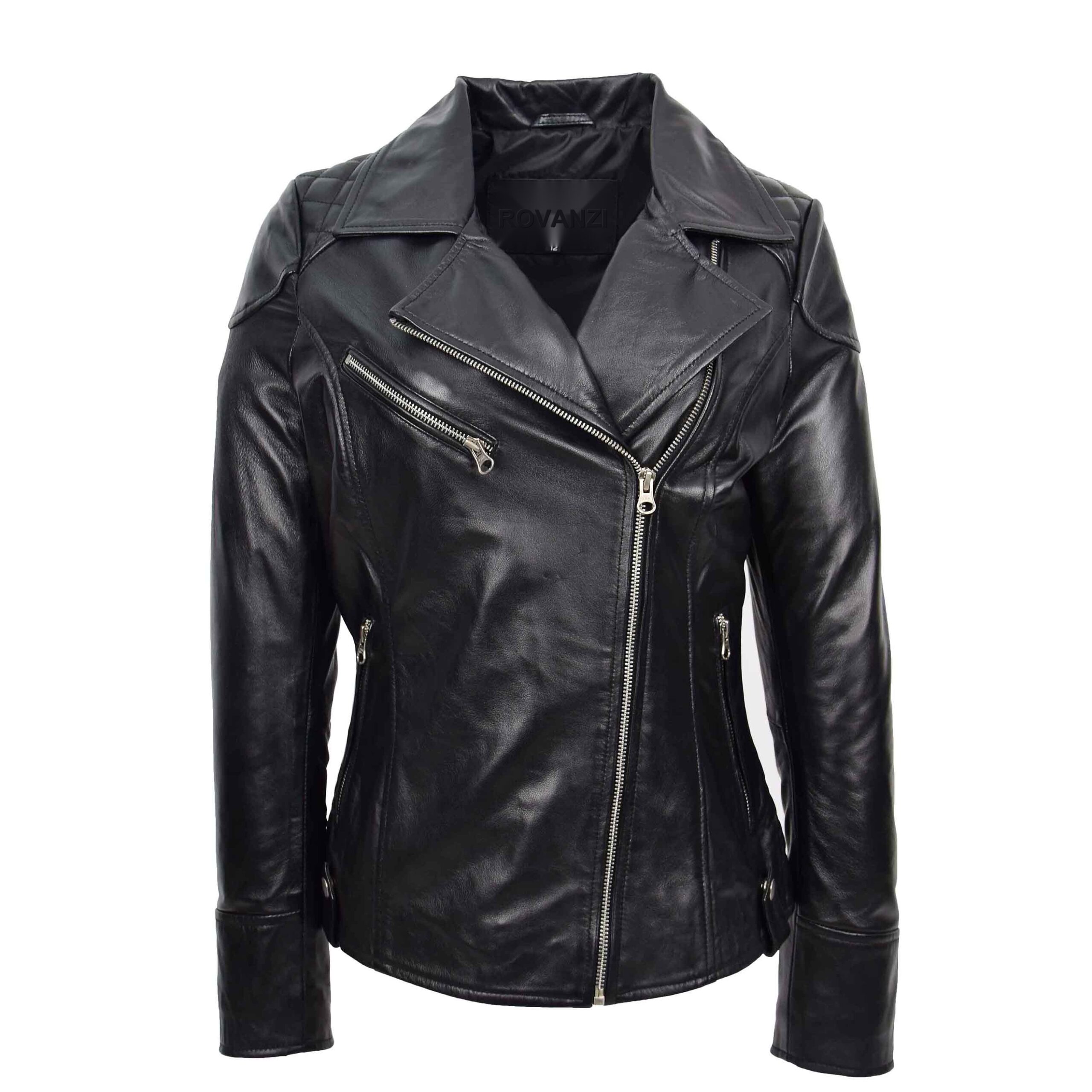 BUNERI Black Real Leather Cross Zip Biker Jacket with Pockets